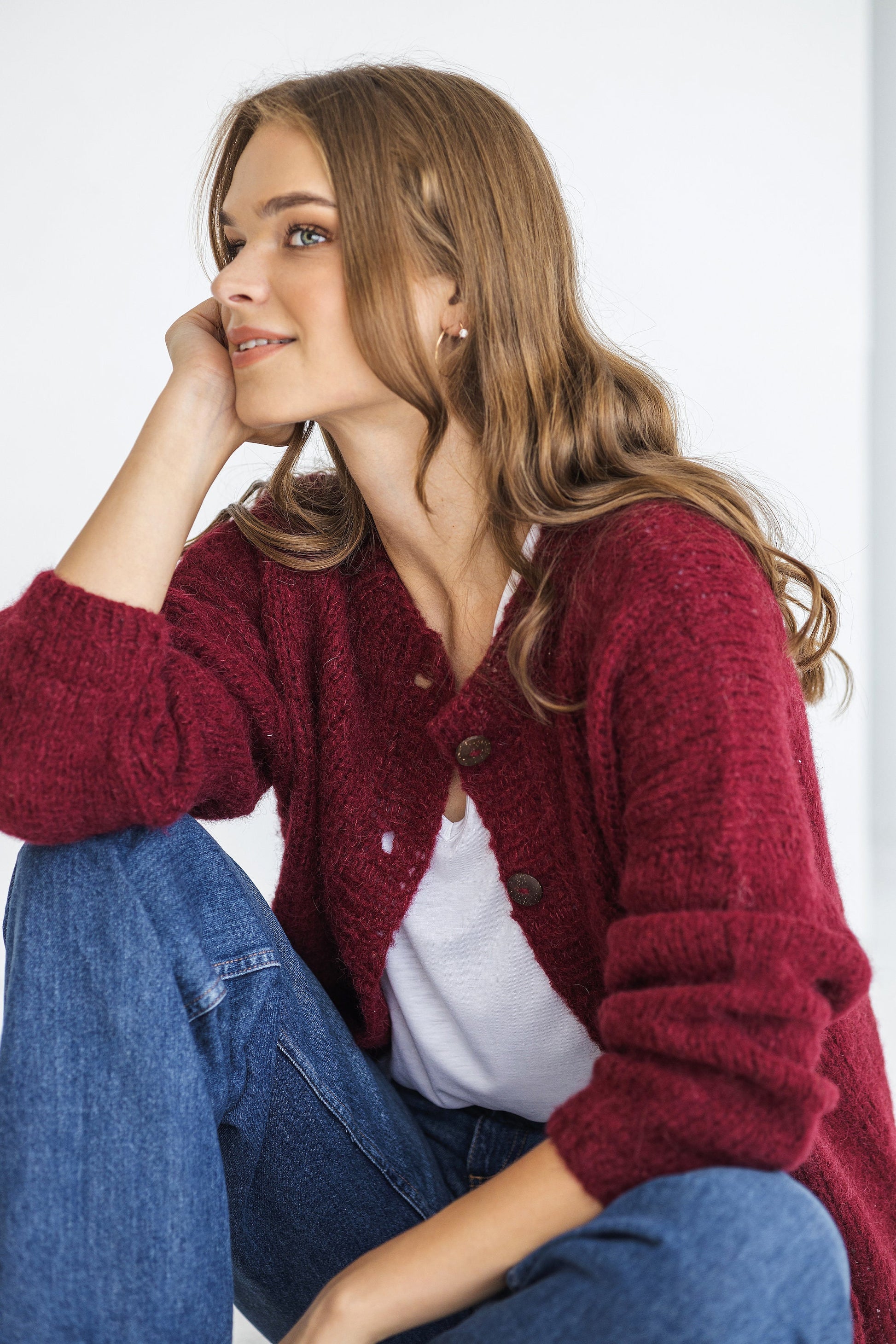 Bordeaux Alpaca Wool Cardigan With Buttons, Burgundy Red Cable Knit Lightweight Sweater, Slightly Oversized Minimalist Classy Women Gilet