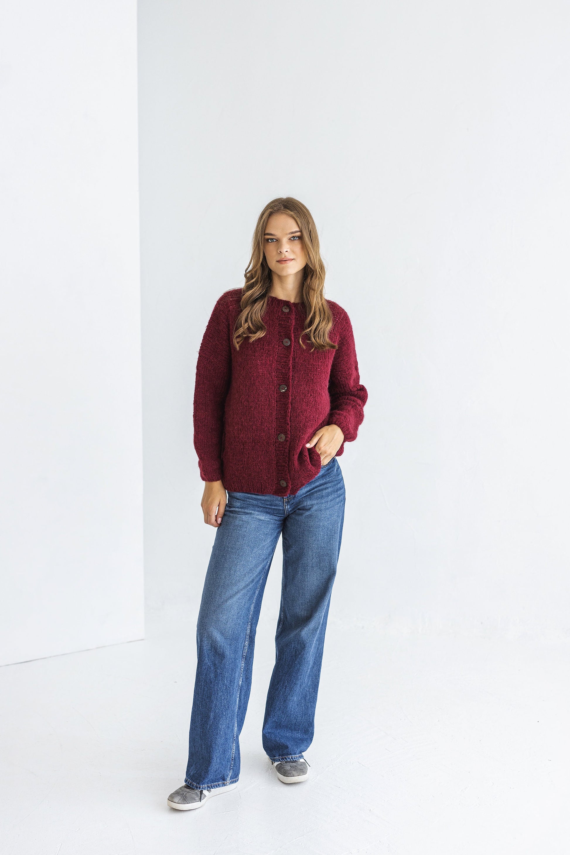 Bordeaux Alpaca Wool Cardigan With Buttons, Burgundy Red Cable Knit Lightweight Sweater, Slightly Oversized Minimalist Classy Women Gilet