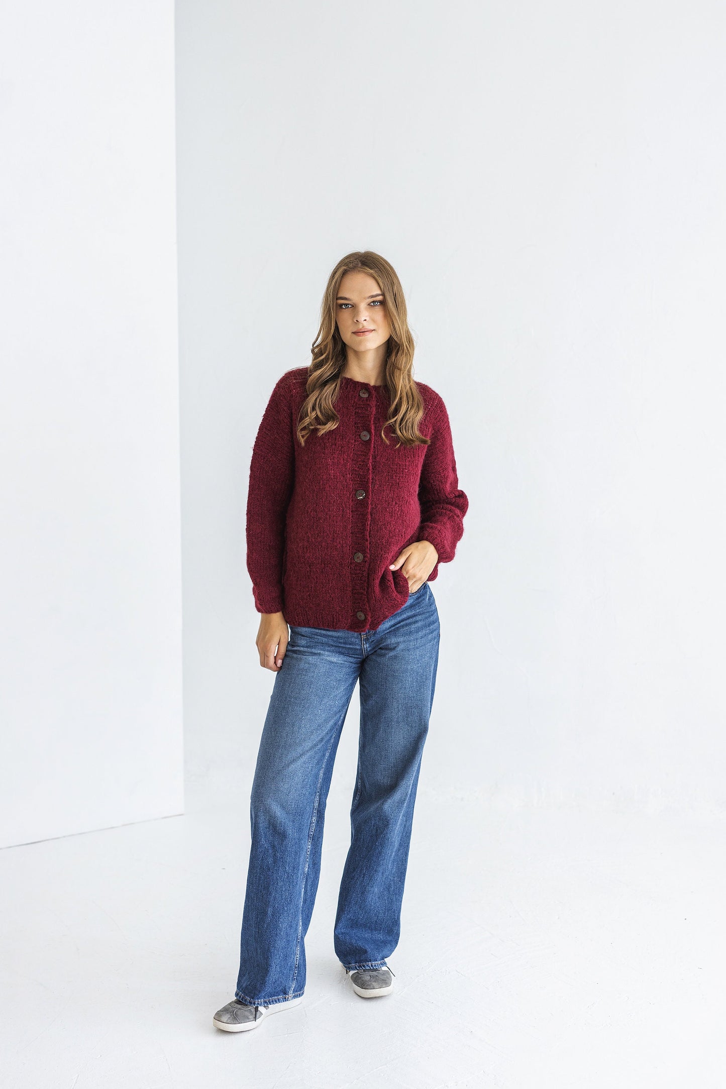 Bordeaux Alpaca Wool Cardigan With Buttons, Burgundy Red Cable Knit Lightweight Sweater, Slightly Oversized Minimalist Classy Women Gilet