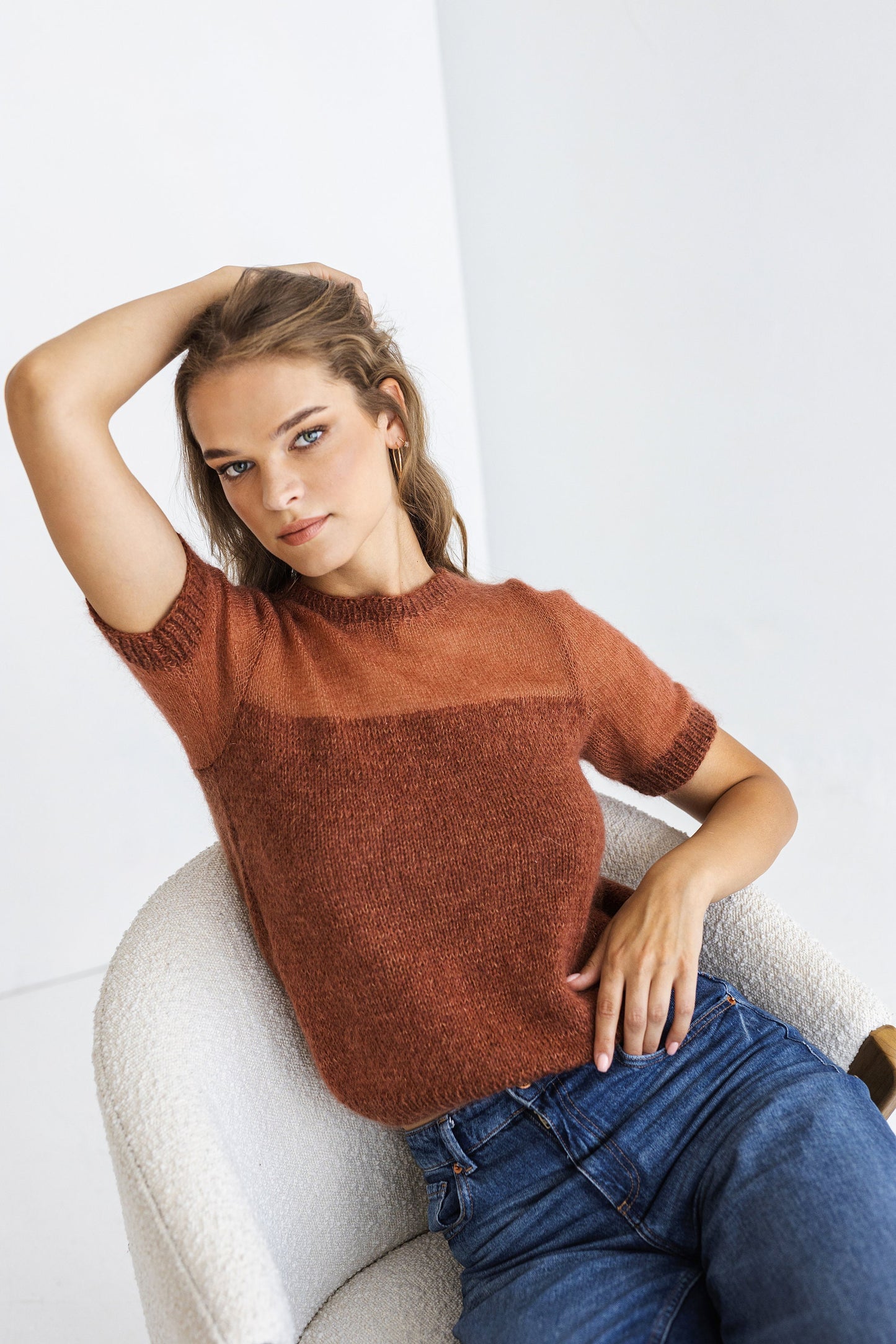 White Minimal Mohair Knit Top, Hand Knitted Summer T-shirt, Short Sleeve Knit Blouse For Women, Knitted Wedding Sweater Pullover, Bridal Top