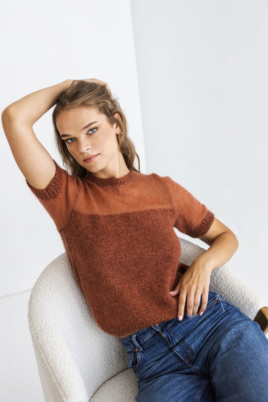 Rust Minimal Mohair Knit Top, Ginger Brown Knitted Summer T-shirt, Burned Orange Short Sleeve Blouse For Women, Knitted Sweater Pullover