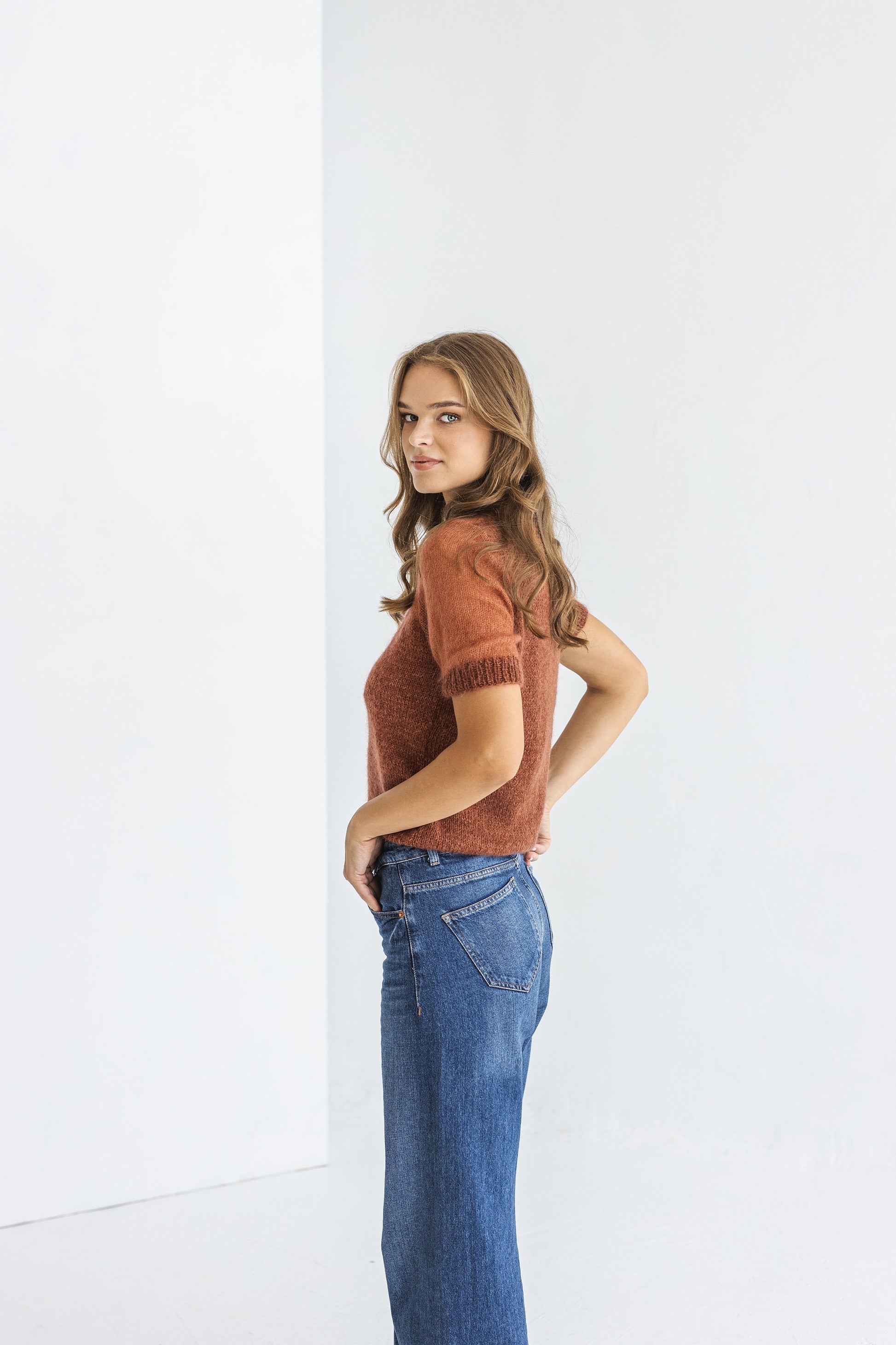 Rust Minimal Mohair Knit Top, Ginger Brown Knitted Summer T-shirt, Burned Orange Short Sleeve Blouse For Women, Knitted Sweater Pullover