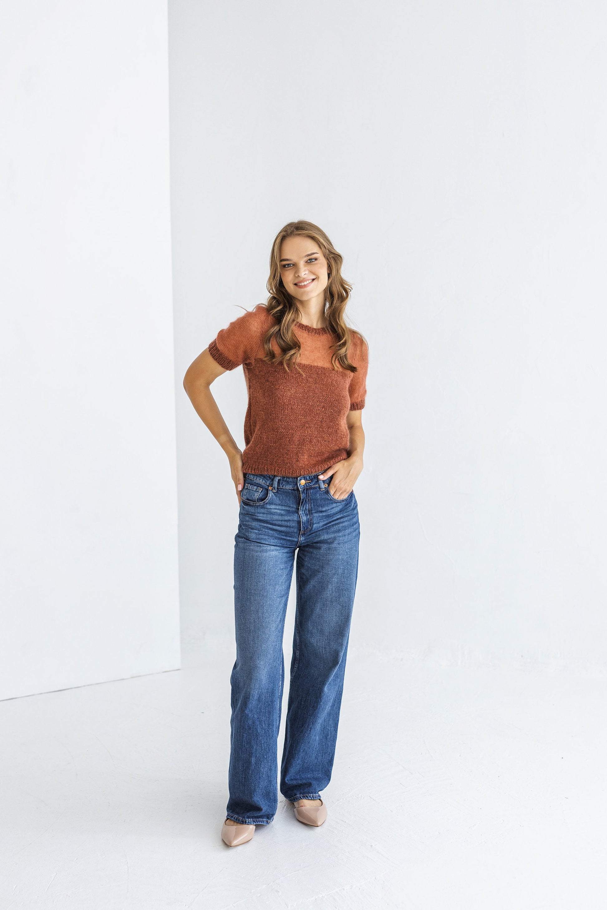 Rust Minimal Mohair Knit Top, Ginger Brown Knitted Summer T-shirt, Burned Orange Short Sleeve Blouse For Women, Knitted Sweater Pullover