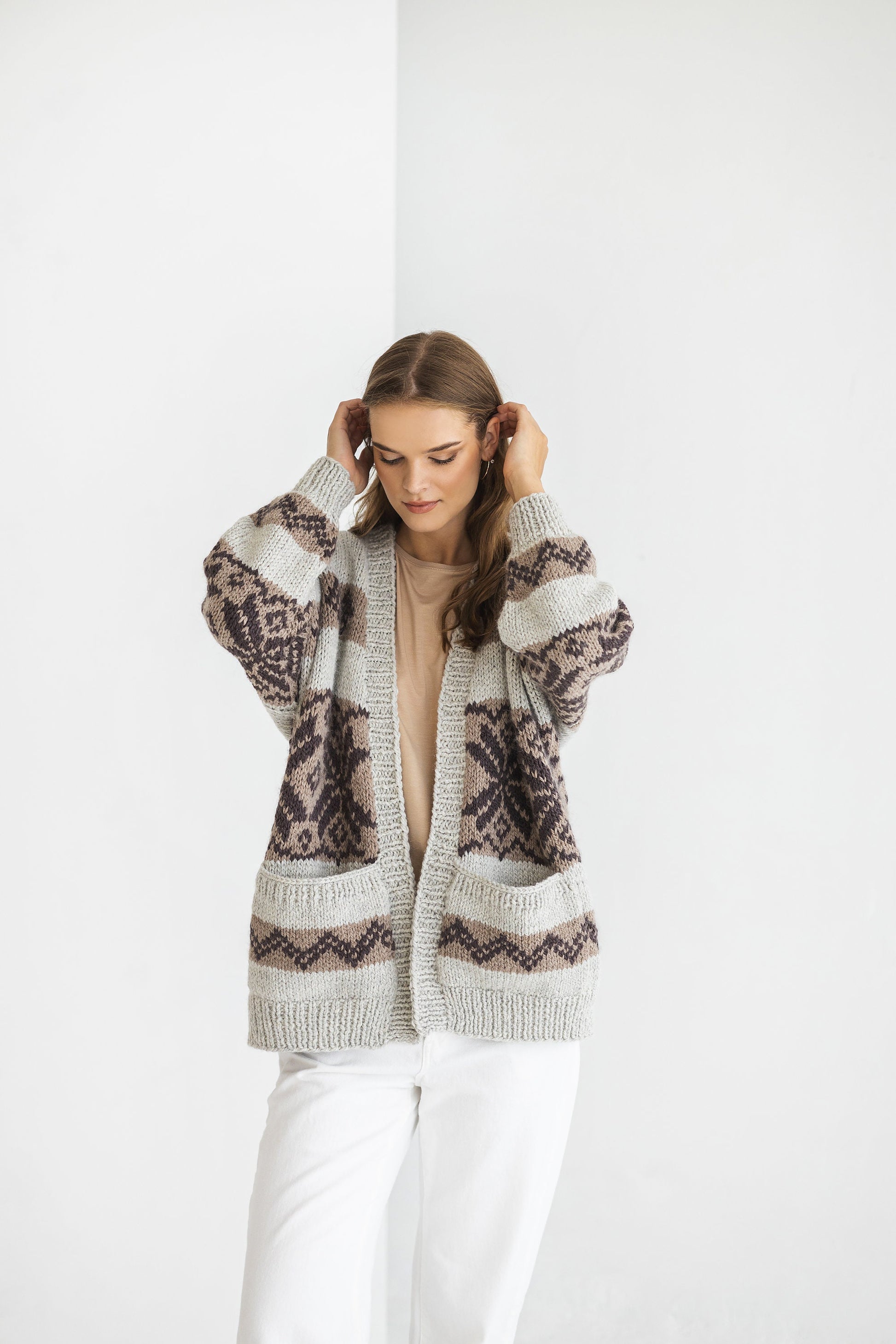 Norwegian Oversized Alpaca Cardigan With Pockets, Nordic Super Chunky Cable Knit Cardigan, Icelandic Women Sweater, Fair Isle, Scandinavian