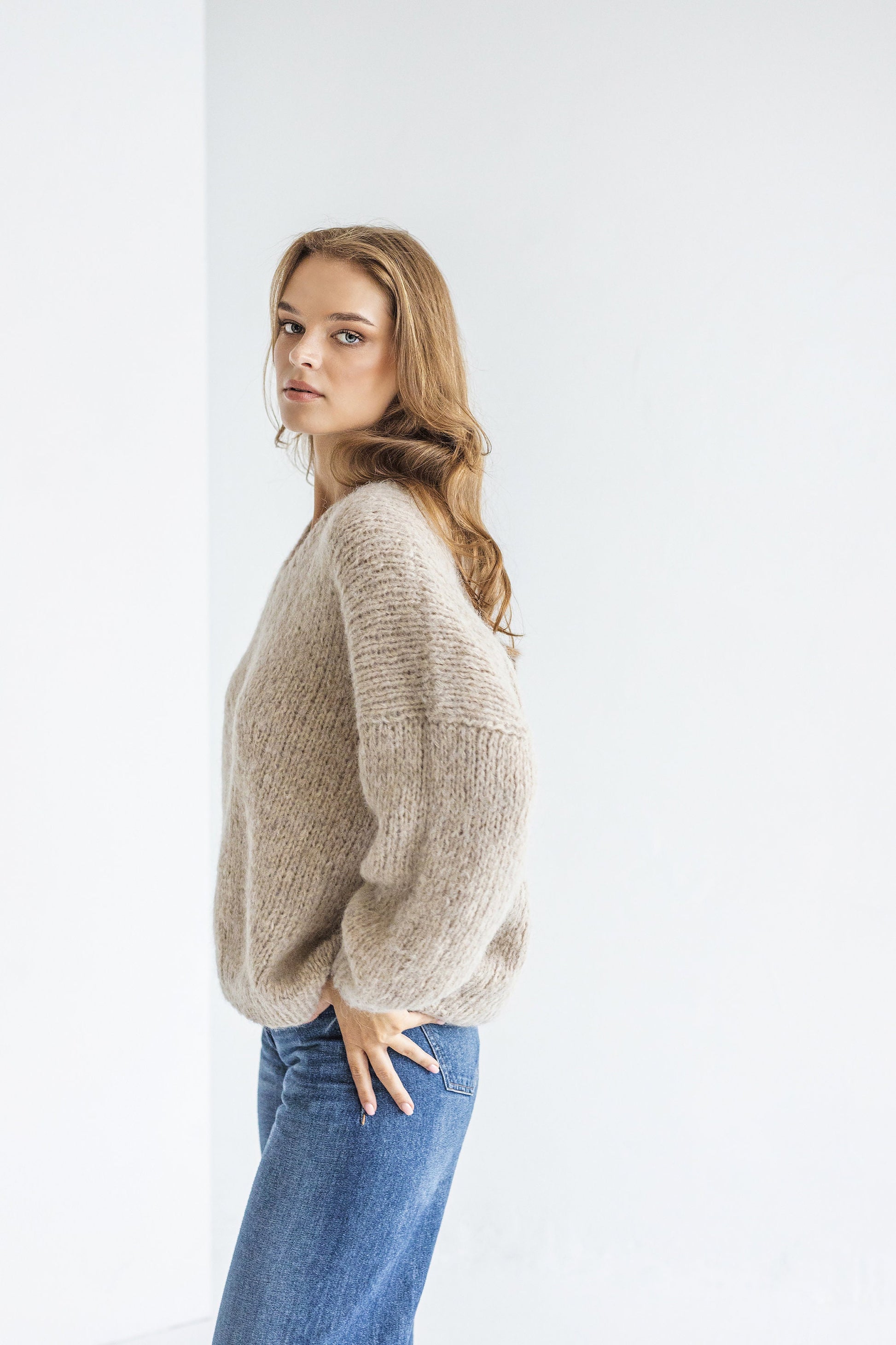 Beige cable knit alpaca sweater, camel chunky knitted V neck wool pullover, taupe thick oversized jumper, nude pastel handmade pull, gift