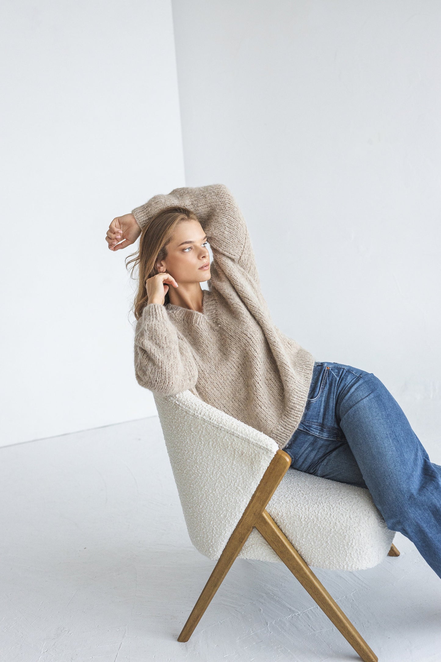Beige cable knit alpaca sweater, camel chunky knitted V neck wool pullover, taupe thick oversized jumper, nude pastel handmade pull, gift