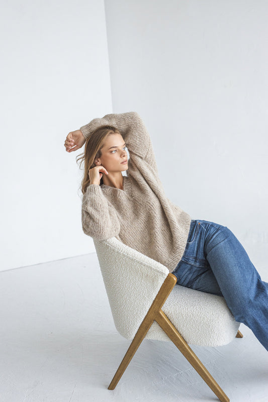 Beige cable knit alpaca sweater, camel chunky knitted V neck wool pullover, taupe thick oversized jumper, nude pastel handmade pull, gift