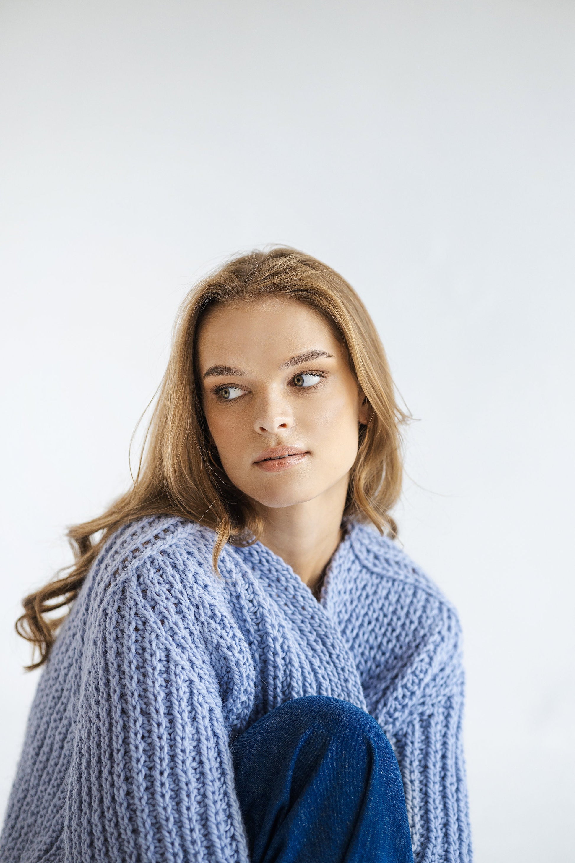 Light Blue Super Chunky Knit Alpaca Wool Cardigan, Sky Blue Cable Knitted Women&#39;s Sweater, Ice Blue Oversized Thick Bomber For Woman, Gift