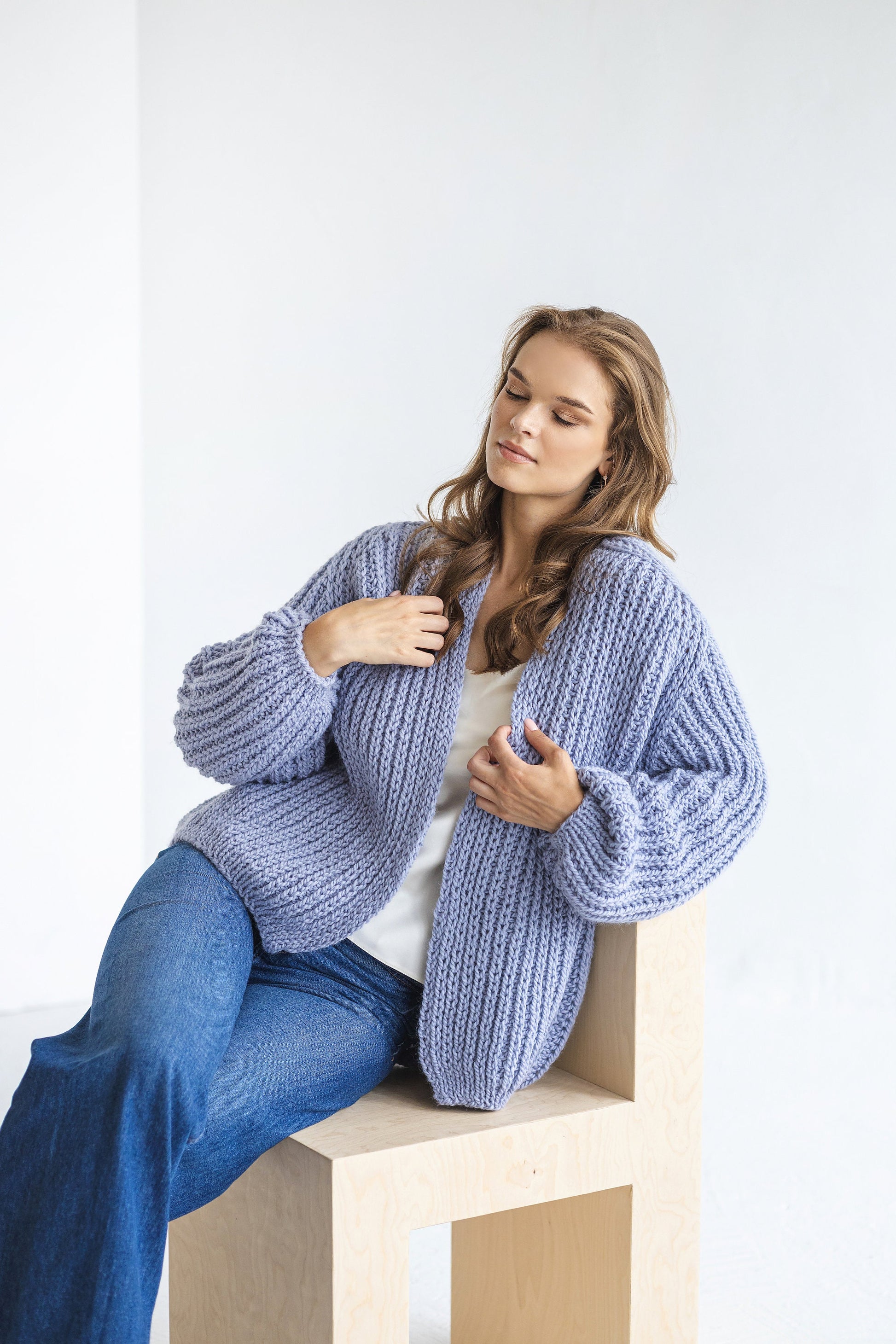 Light Blue Super Chunky Knit Alpaca Wool Cardigan, Sky Blue Cable Knitted Women&#39;s Sweater, Ice Blue Oversized Thick Bomber For Woman, Gift