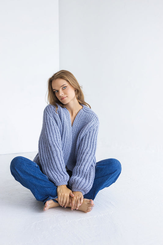 Light Blue Super Chunky Knit Alpaca Wool Cardigan, Sky Blue Cable Knitted Women&#39;s Sweater, Ice Blue Oversized Thick Bomber For Woman, Gift