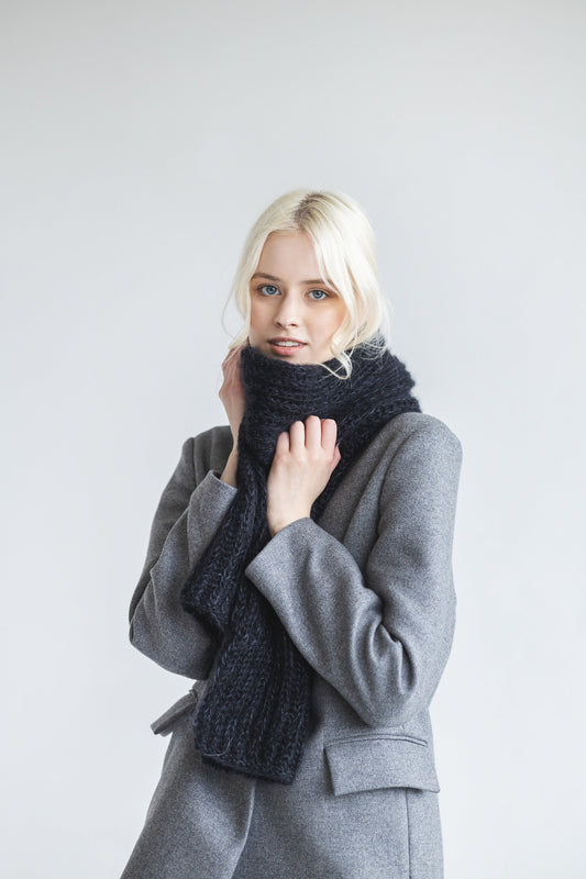 Black cable knit thick mohair scarf, chunky knitted oversized alpaca wool blend fuzzy women&#39;s scarves, fluffy extra long head shawl, gift