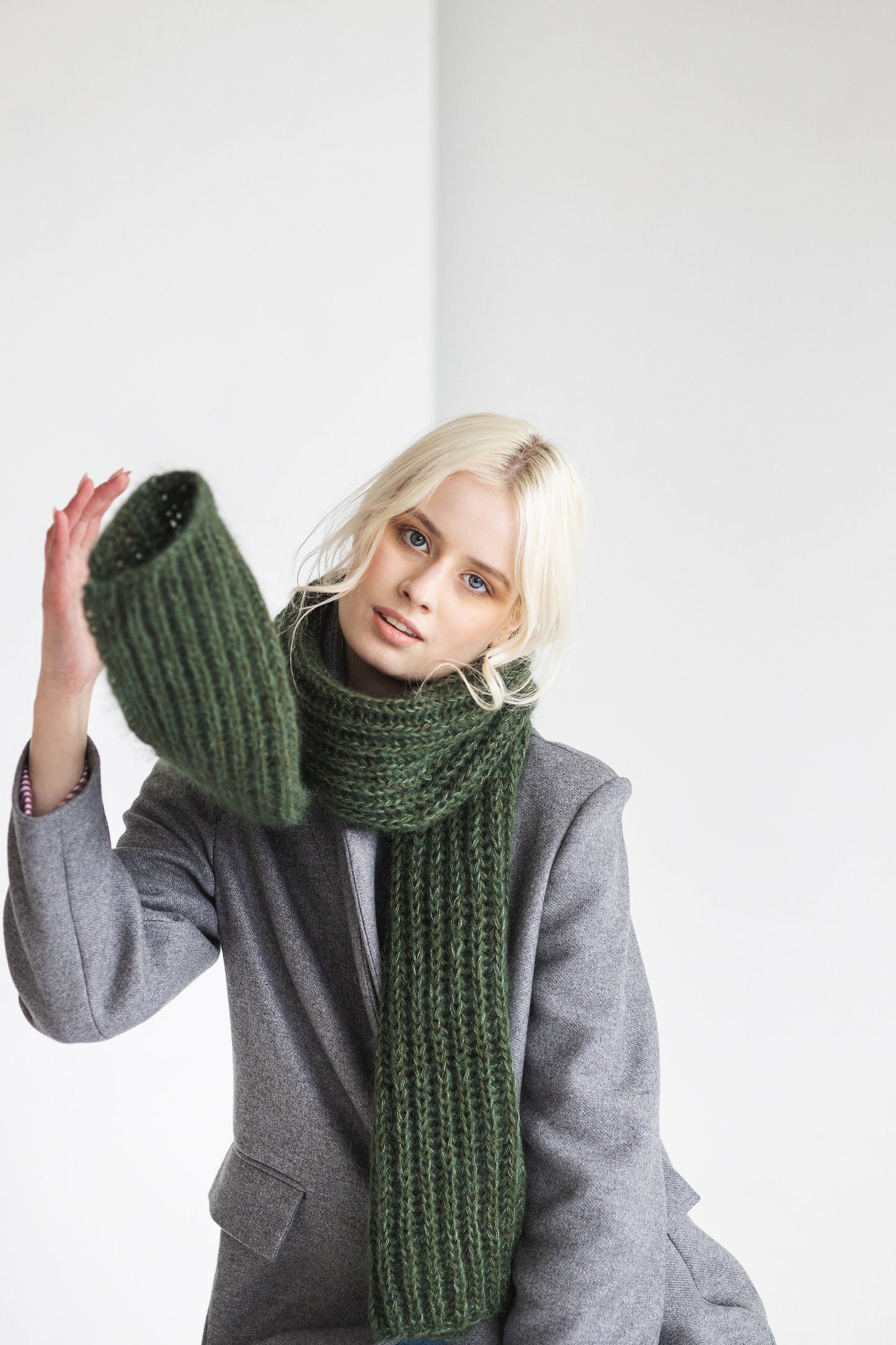 Green cable knit mohair scarf, long hooded oversized alpaca wool scarf, fuzzy infinity women's scarves, fluffy winter knitted shawl, blanket
