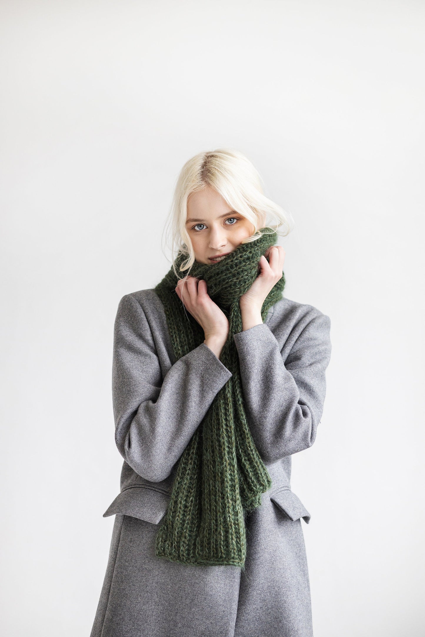 Green cable knit mohair scarf, long hooded oversized alpaca wool scarf, fuzzy infinity women's scarves, fluffy winter knitted shawl, blanket
