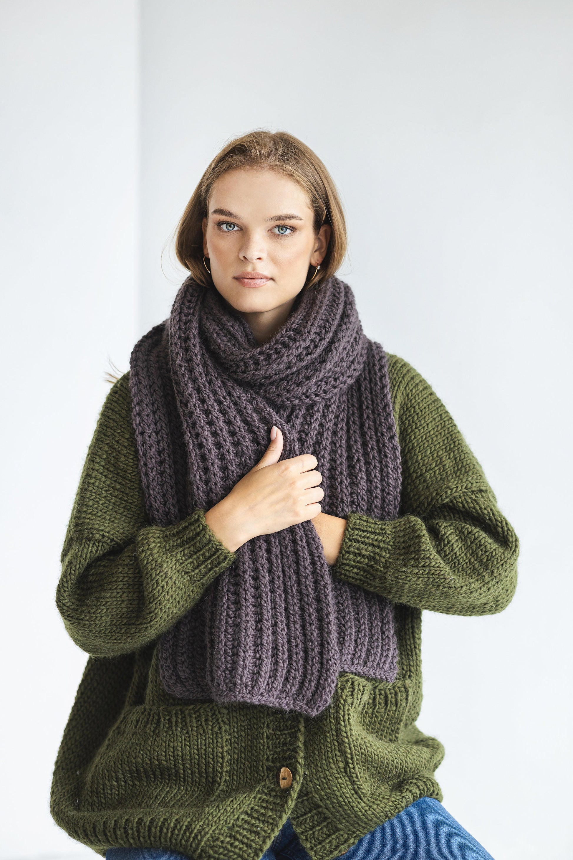 Brown super chunky knit thick alpaca wool scarf, chocolate oversized cable knitted neck warmer, handmade ribbed xl blanket scarves for women