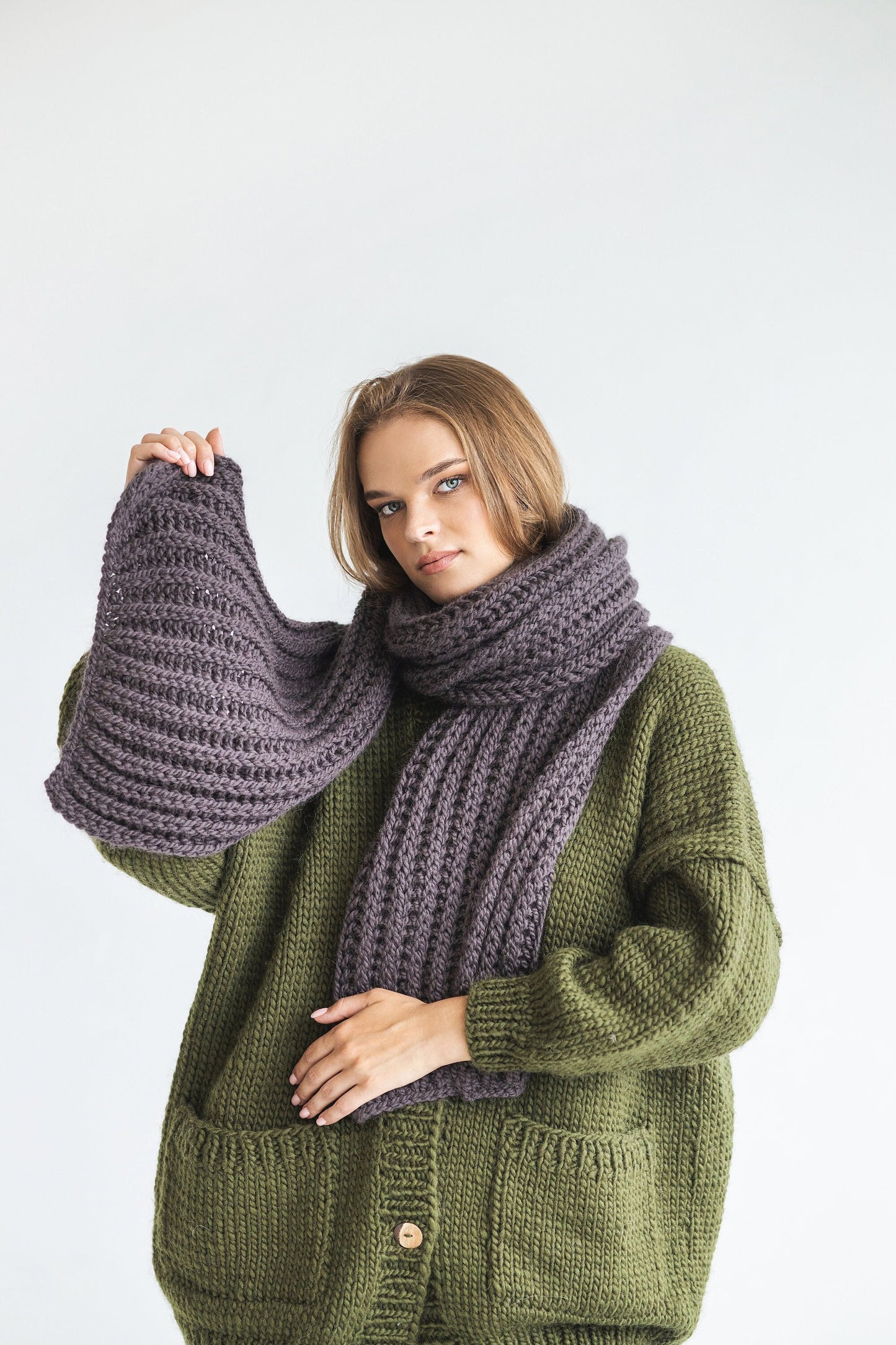 Brown super chunky knit thick alpaca wool scarf, chocolate oversized cable knitted neck warmer, handmade ribbed xl blanket scarves for women