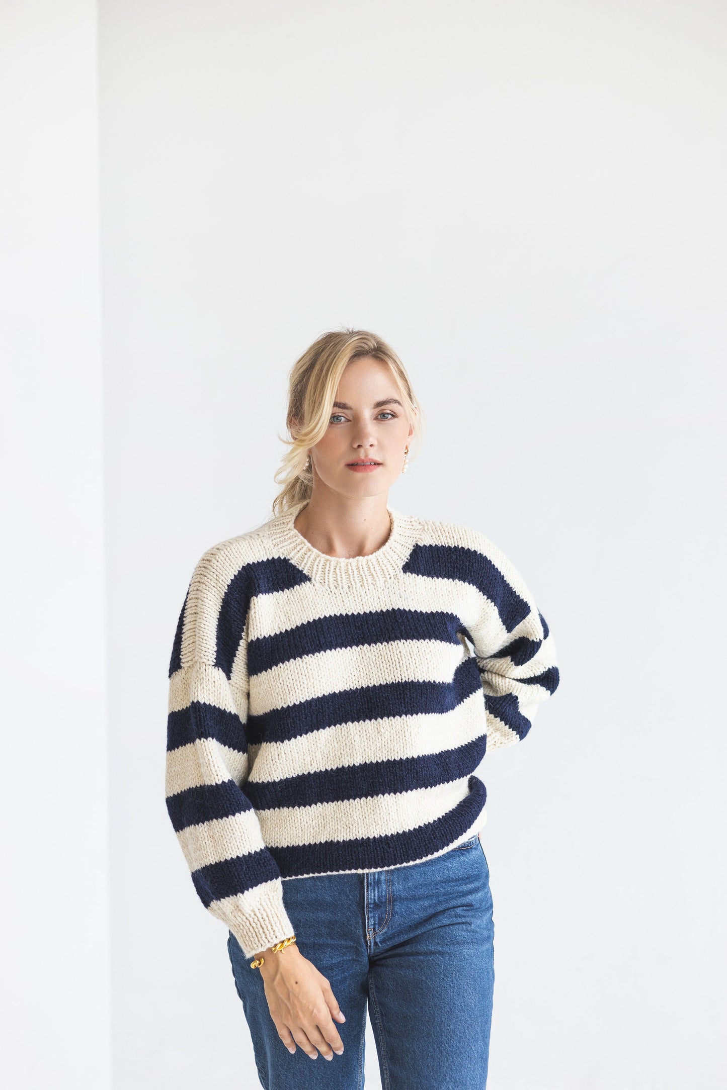 Striped white and blue alpaca wool sweater, super chunky knitted thick Scandinavian jumper, cable knit pullover with navy blue stripes, gift
