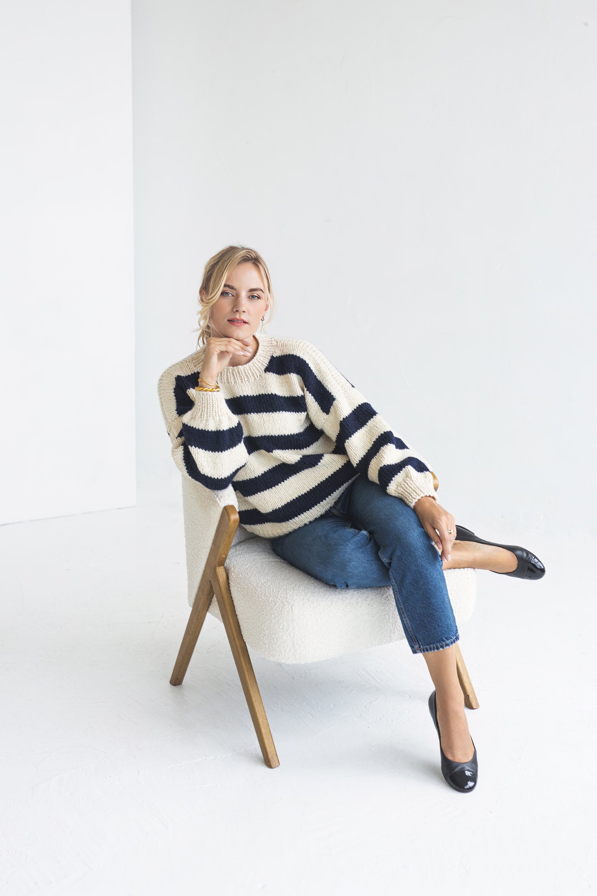 Striped white and blue alpaca wool sweater, super chunky knitted thick Scandinavian jumper, cable knit pullover with navy blue stripes, gift