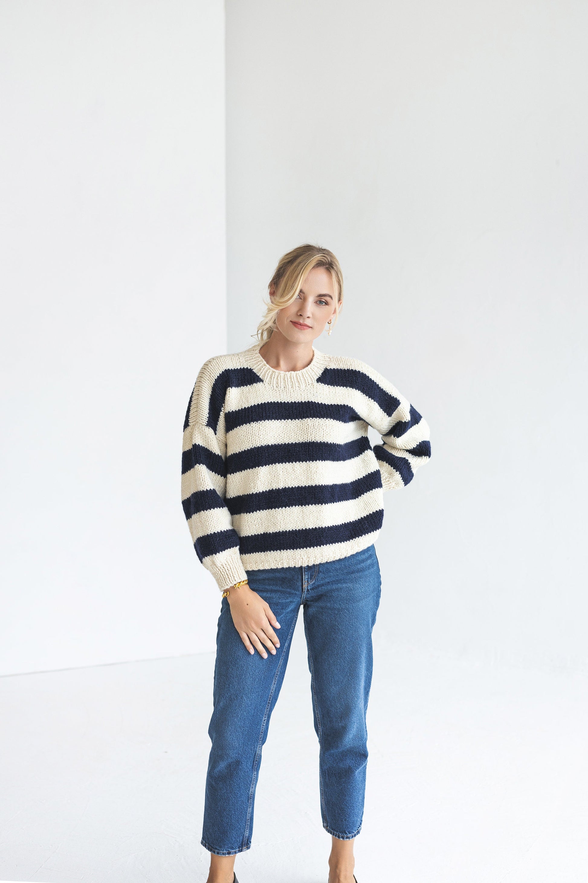 Striped white and blue alpaca wool sweater, super chunky knitted thick Scandinavian jumper, cable knit pullover with navy blue stripes, gift