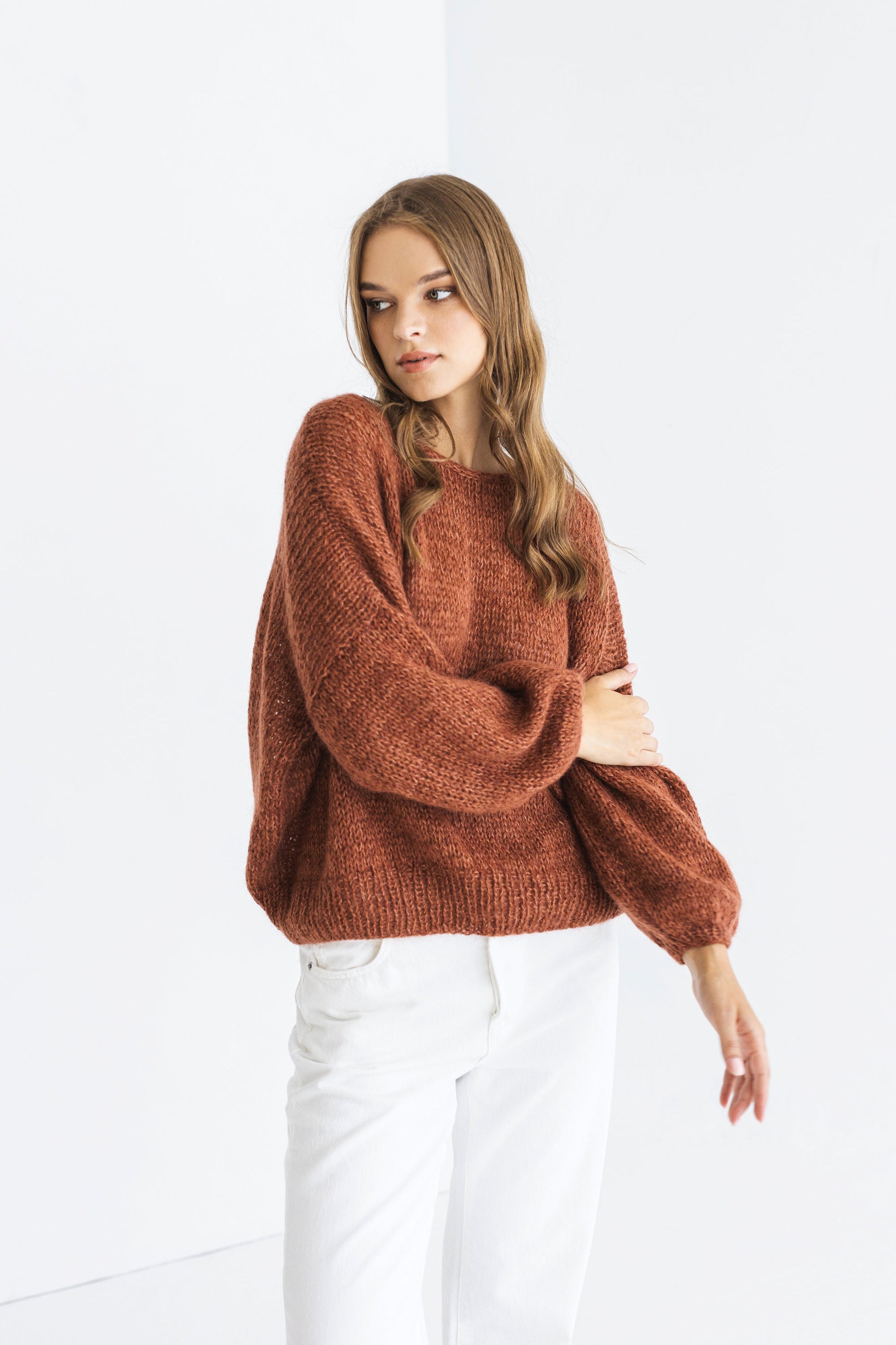 Rust cable knit fluffy mohair sweater, brown oversized chunky knitted alpaca wool women&#39;s jumper, burned orange handmade fuzzy pullover