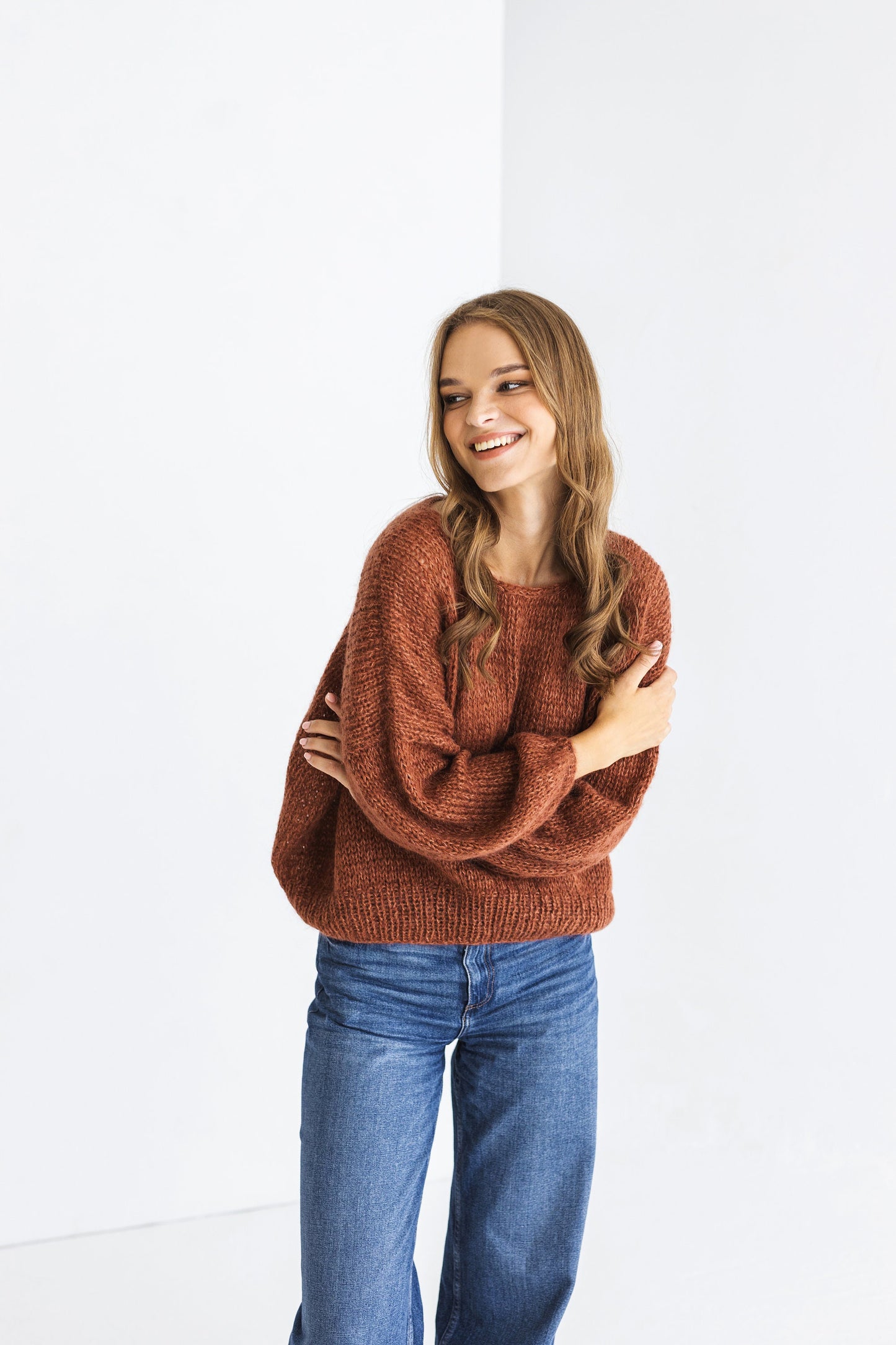 Rust cable knit fluffy mohair sweater, brown oversized chunky knitted alpaca wool women&#39;s jumper, burned orange handmade fuzzy pullover