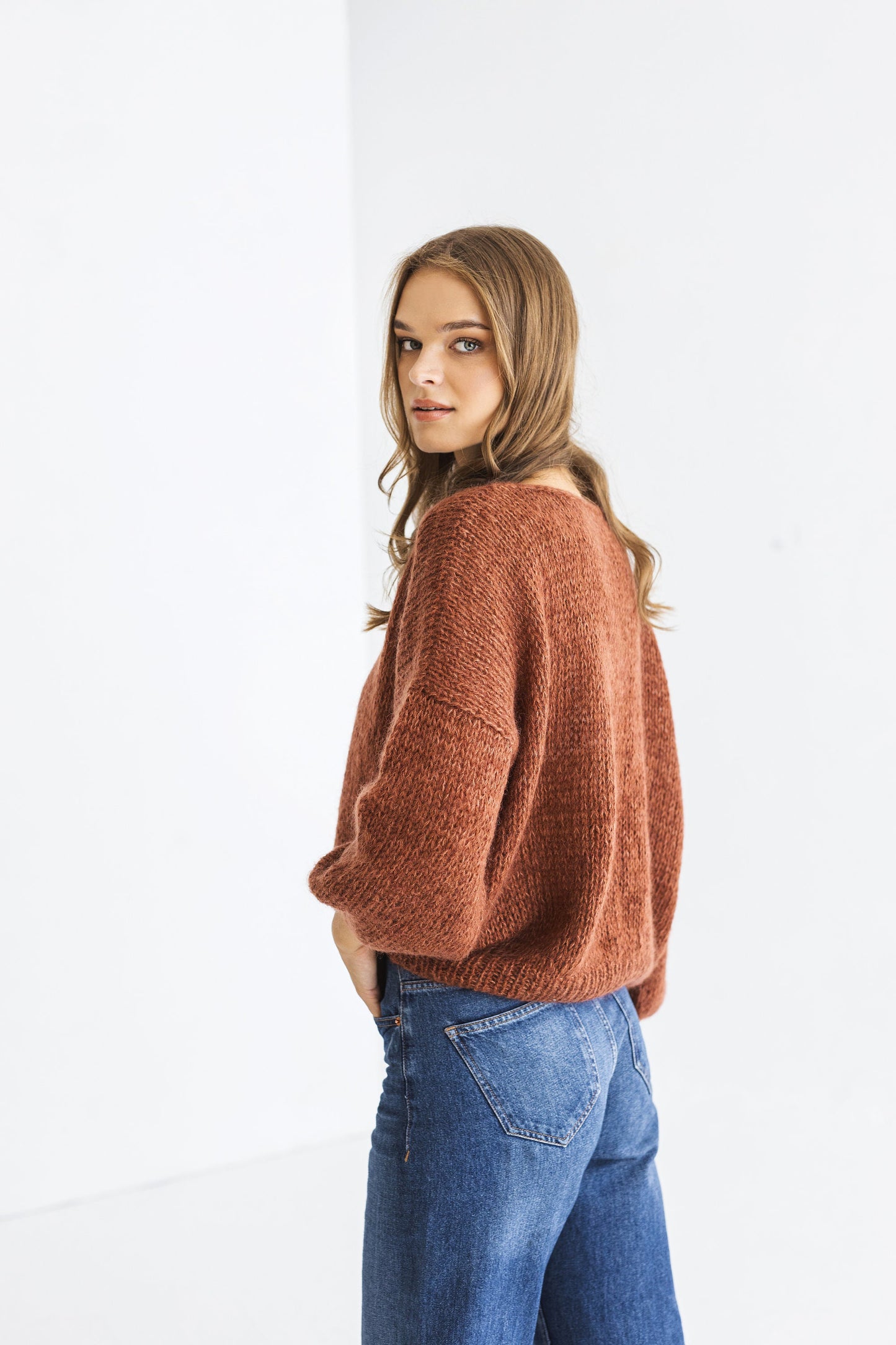 Rust cable knit fluffy mohair sweater, brown oversized chunky knitted alpaca wool women&#39;s jumper, burned orange handmade fuzzy pullover