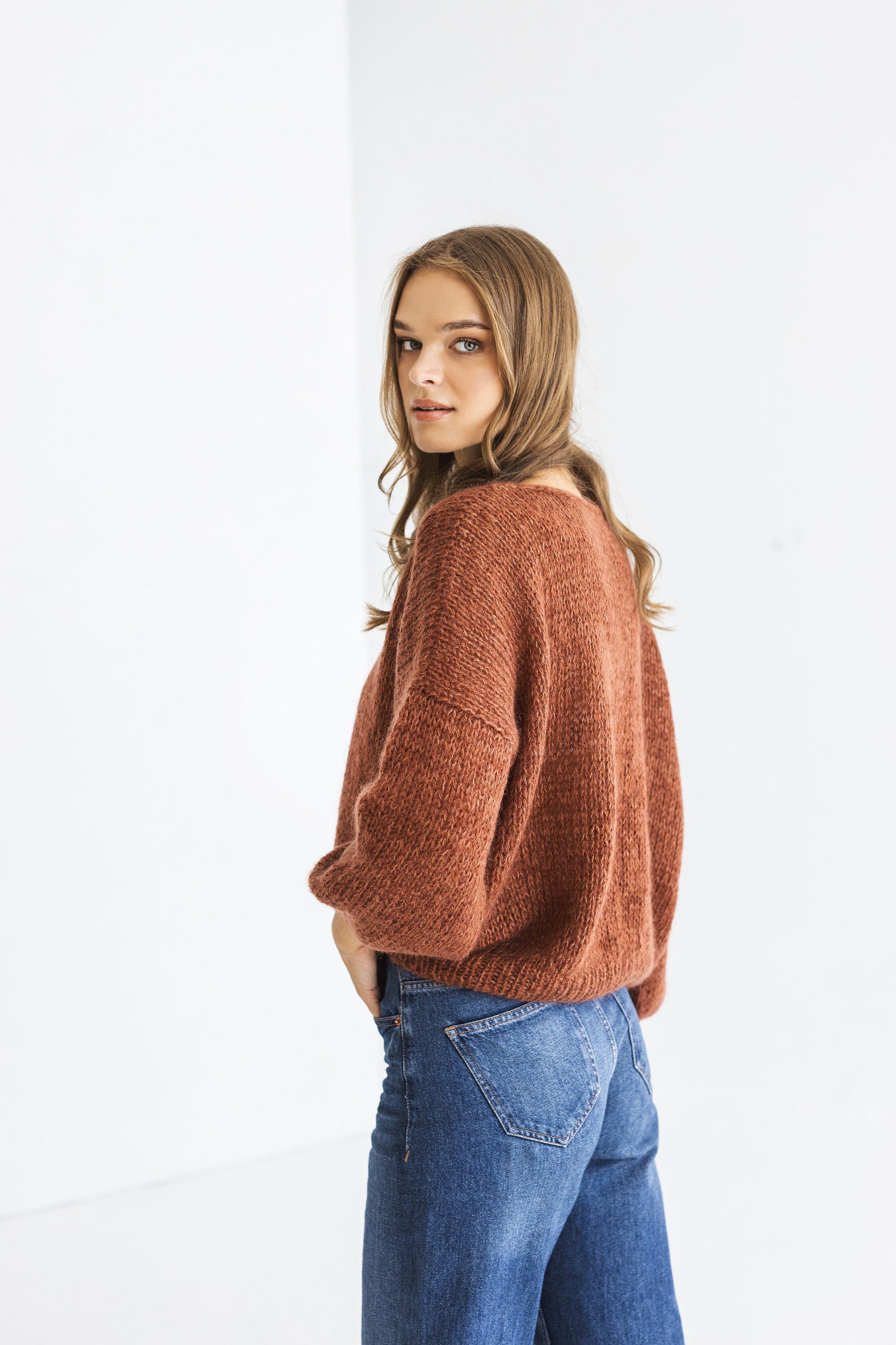 Rust cable knit fluffy mohair sweater, brown oversized chunky knitted alpaca wool women&#39;s jumper, burned orange handmade fuzzy pullover
