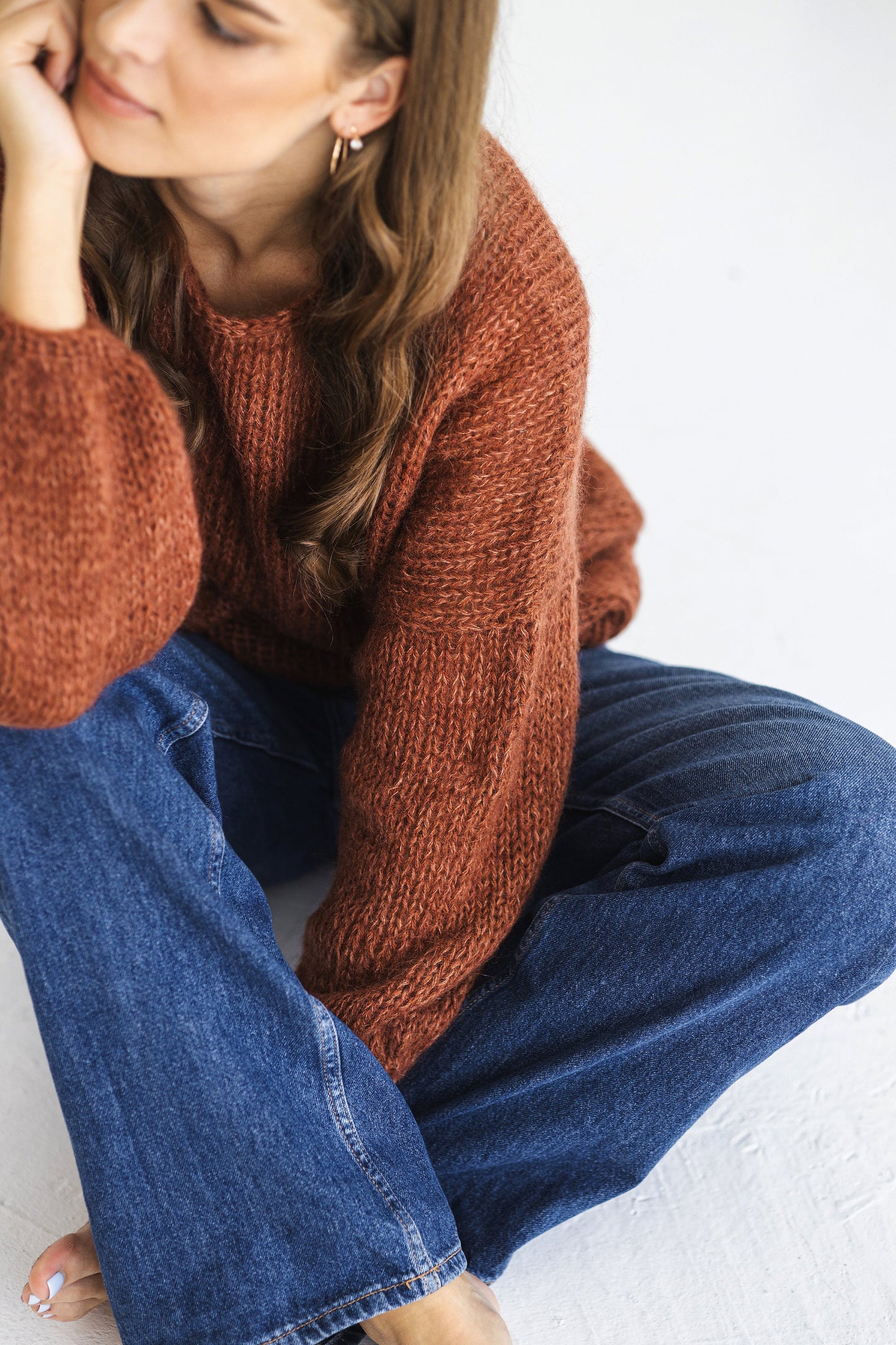 Rust cable knit fluffy mohair sweater, brown oversized chunky knitted alpaca wool women&#39;s jumper, burned orange handmade fuzzy pullover