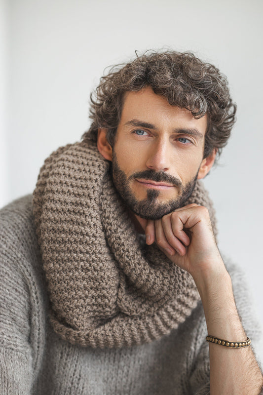 Camel beige super chunky knit alpaca wool men&#39;s scarf, taupe brown infinity loop cable knitted neck warmer for man, handmade scarves for men