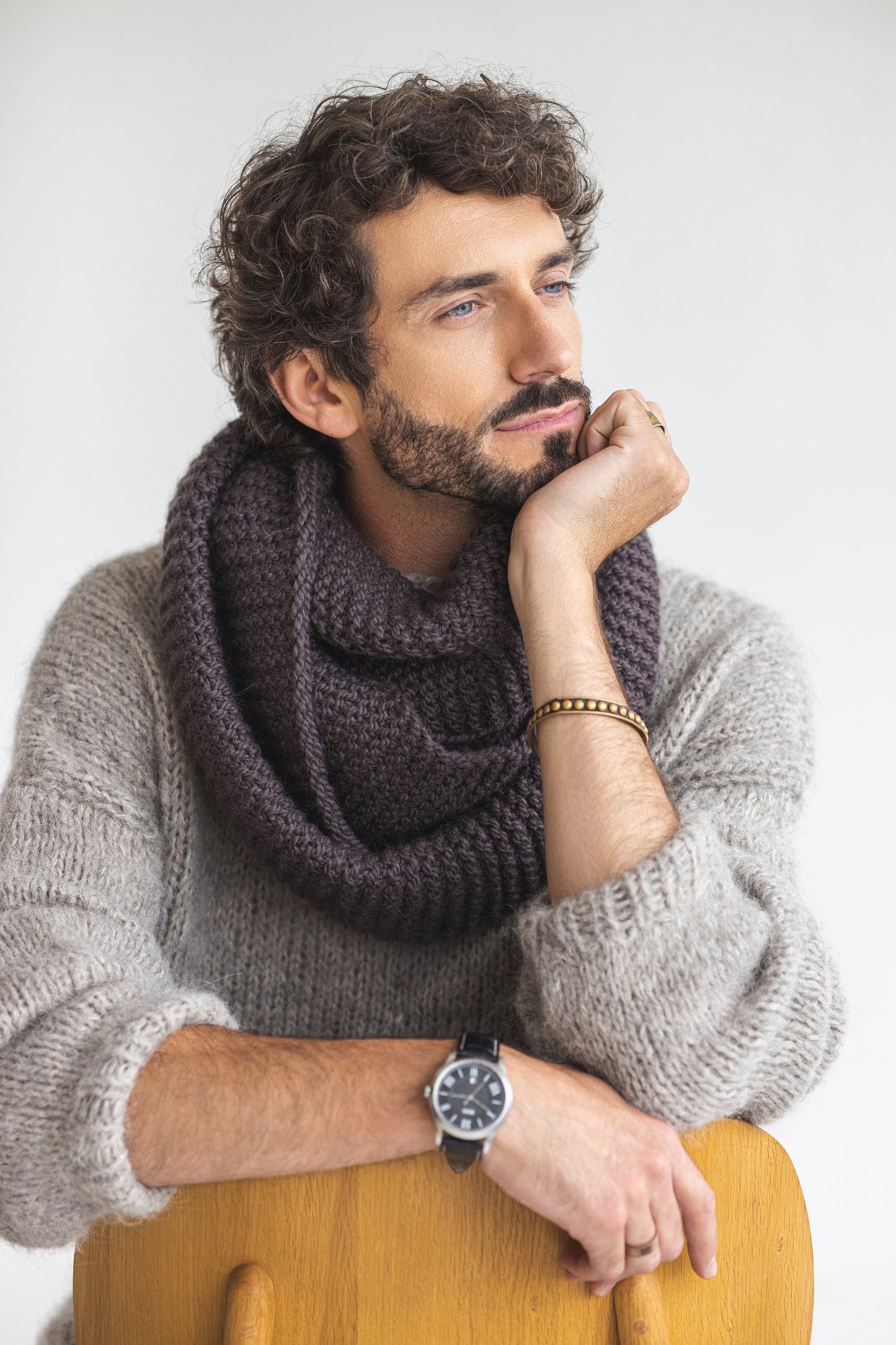 Chocolate brown super chunky knit alpaca wool men&#39;s cowl scarf, infinity loop cable knitted neck warmer for man, handmade scarves for men