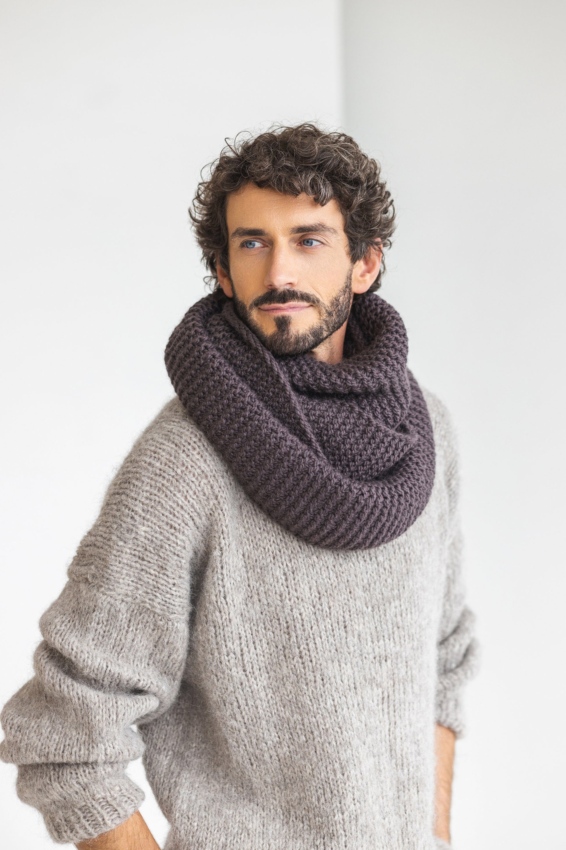 Chocolate brown super chunky knit alpaca wool men's cowl scarf, infinity loop cable knitted neck warmer for man, handmade scarves for men