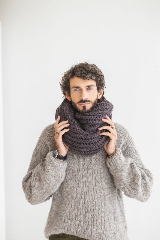 Chocolate brown super chunky knit alpaca wool men&#39;s cowl scarf, infinity loop cable knitted neck warmer for man, handmade scarves for men