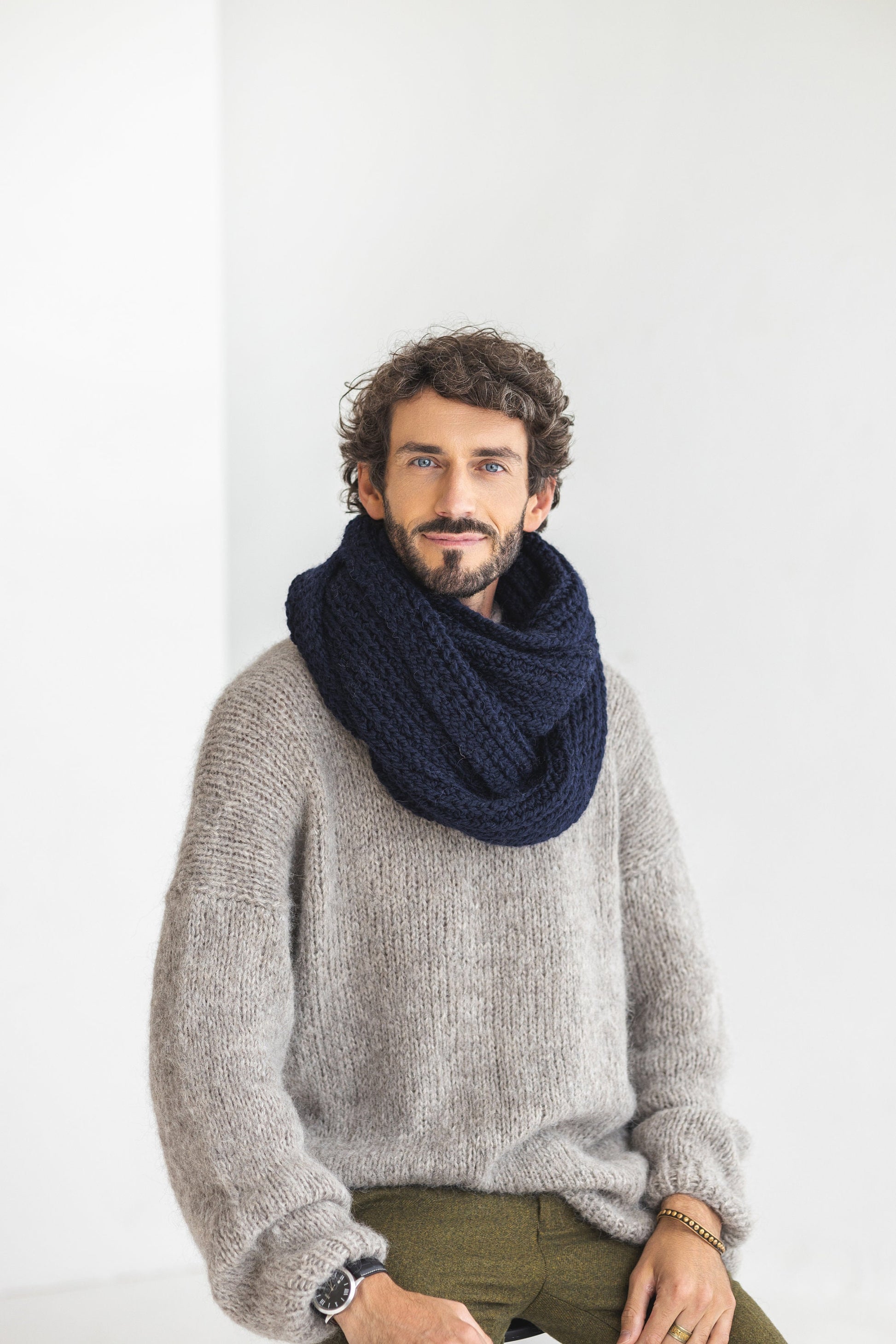 Navy blue super chunky knit alpaca wool men&#39;s cowl scarf, infinity loop cable knitted neck warmer for man, dark blue scarves for men, gift