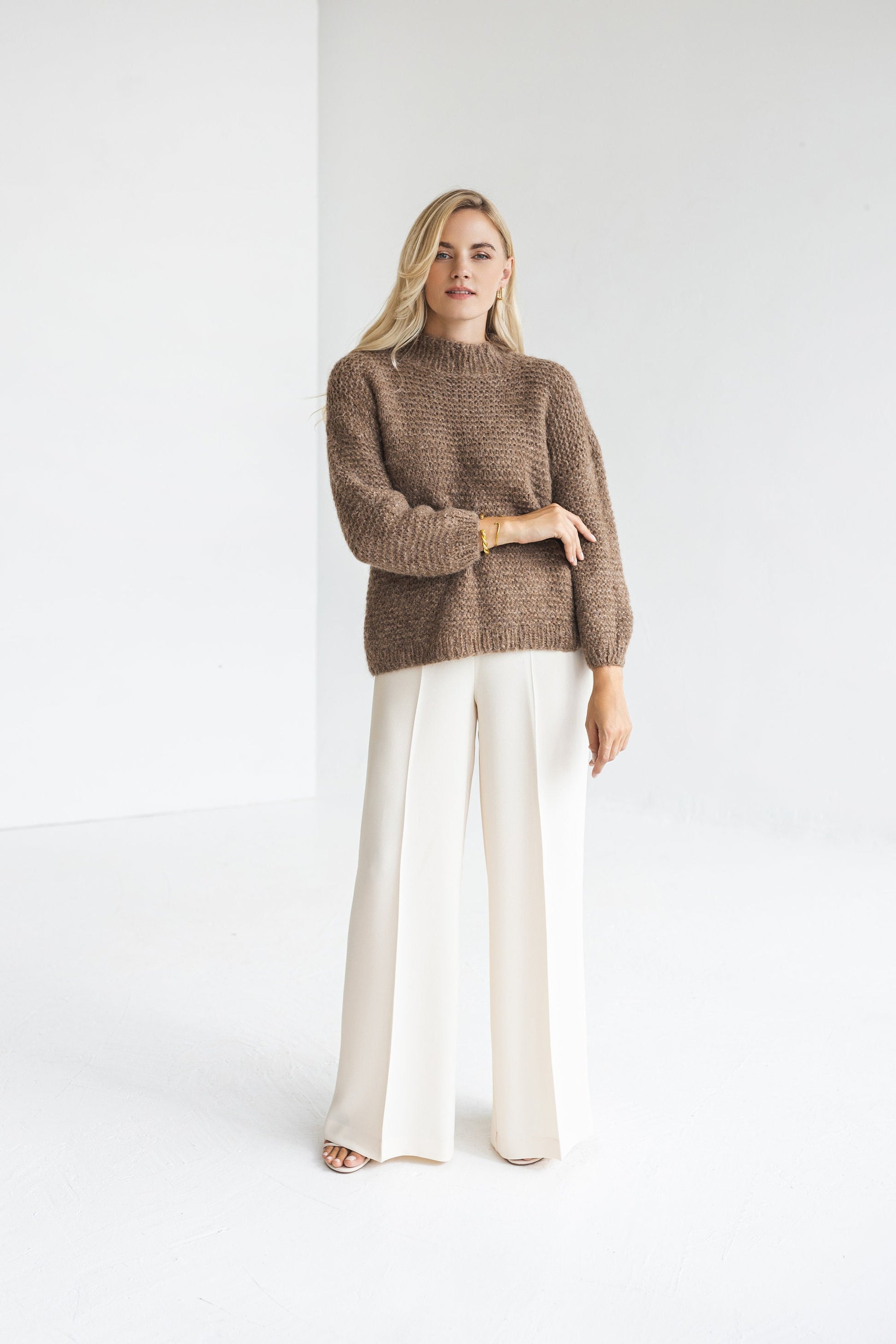 Camel brown cable knit alpaca wool sweater, pastel beige chunky knitted thick pullover, taupe oversized jumper, nude handmade, gift for her