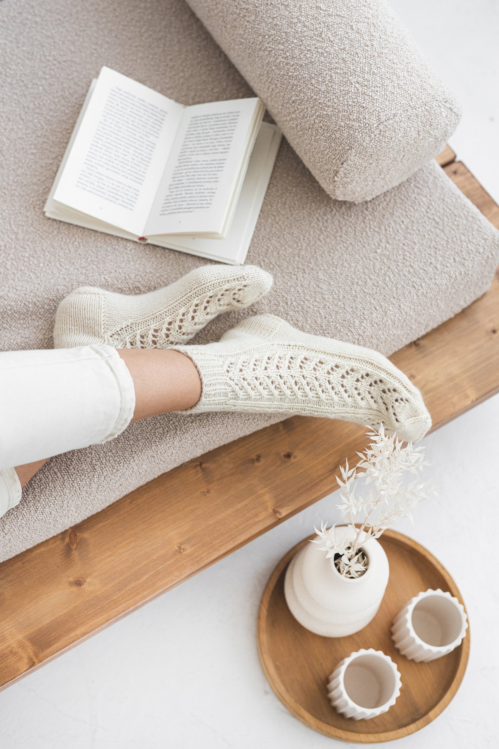 Handmade alpaca and wool socks, women&#39;s cable knit white boots socks with ornaments, knitted woollen socks for woman, gift for mother