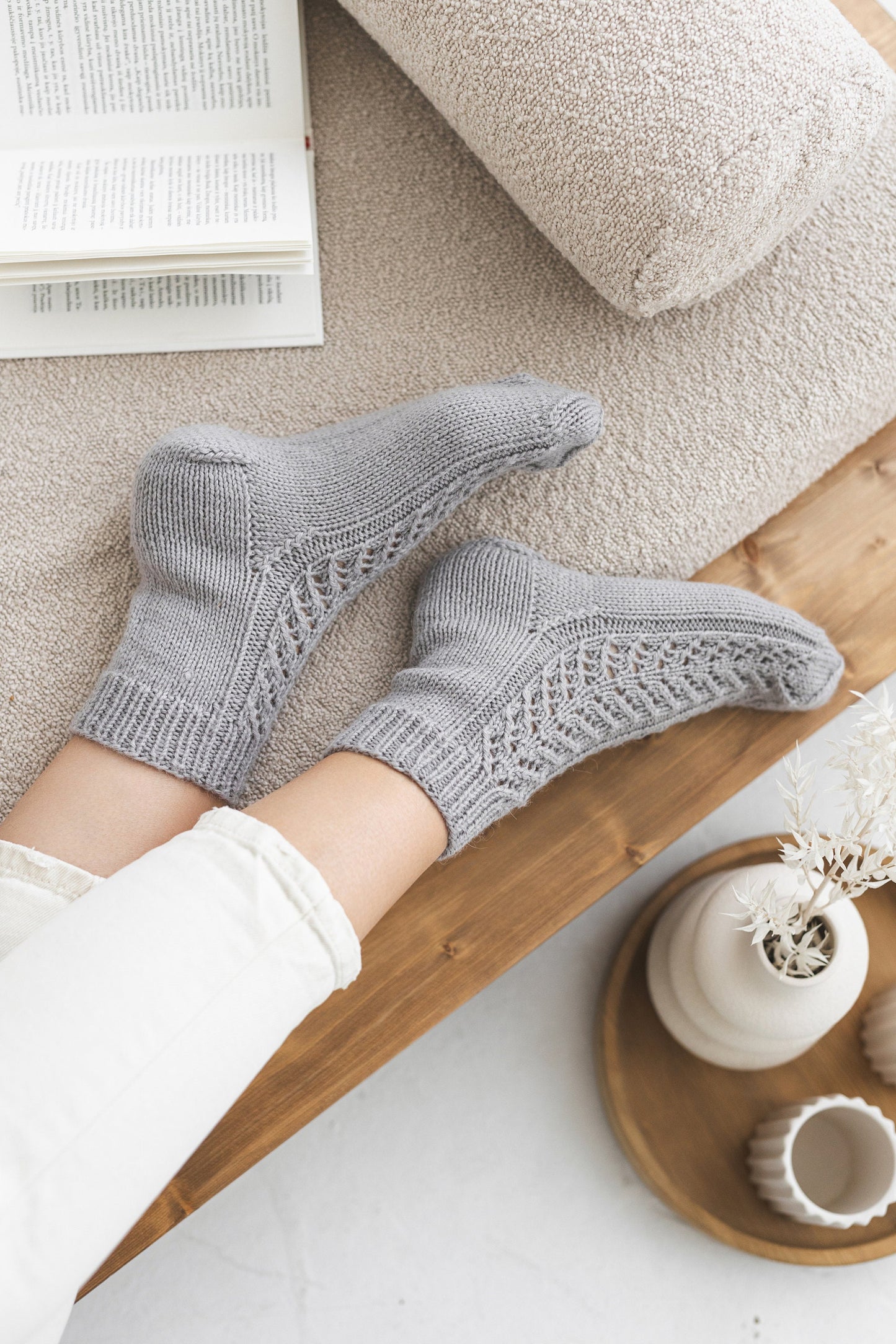 Knitted alpaca wool socks for woman, hand made cable knit gray boots socks with ornaments, handmade woollen socks for women, gift for friend