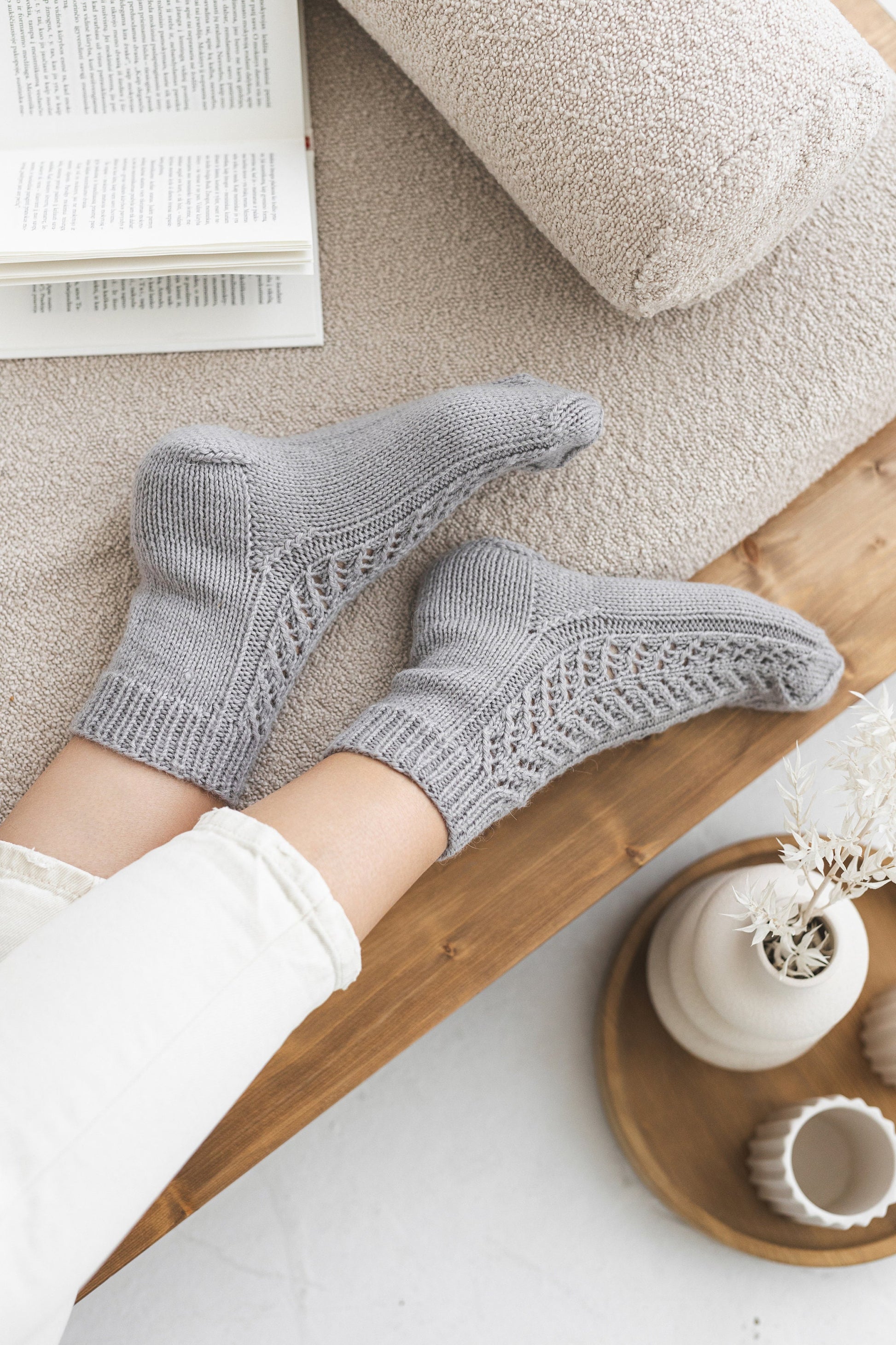 Knitted alpaca wool socks for woman, hand made cable knit gray boots socks with ornaments, handmade woollen socks for women, gift for friend
