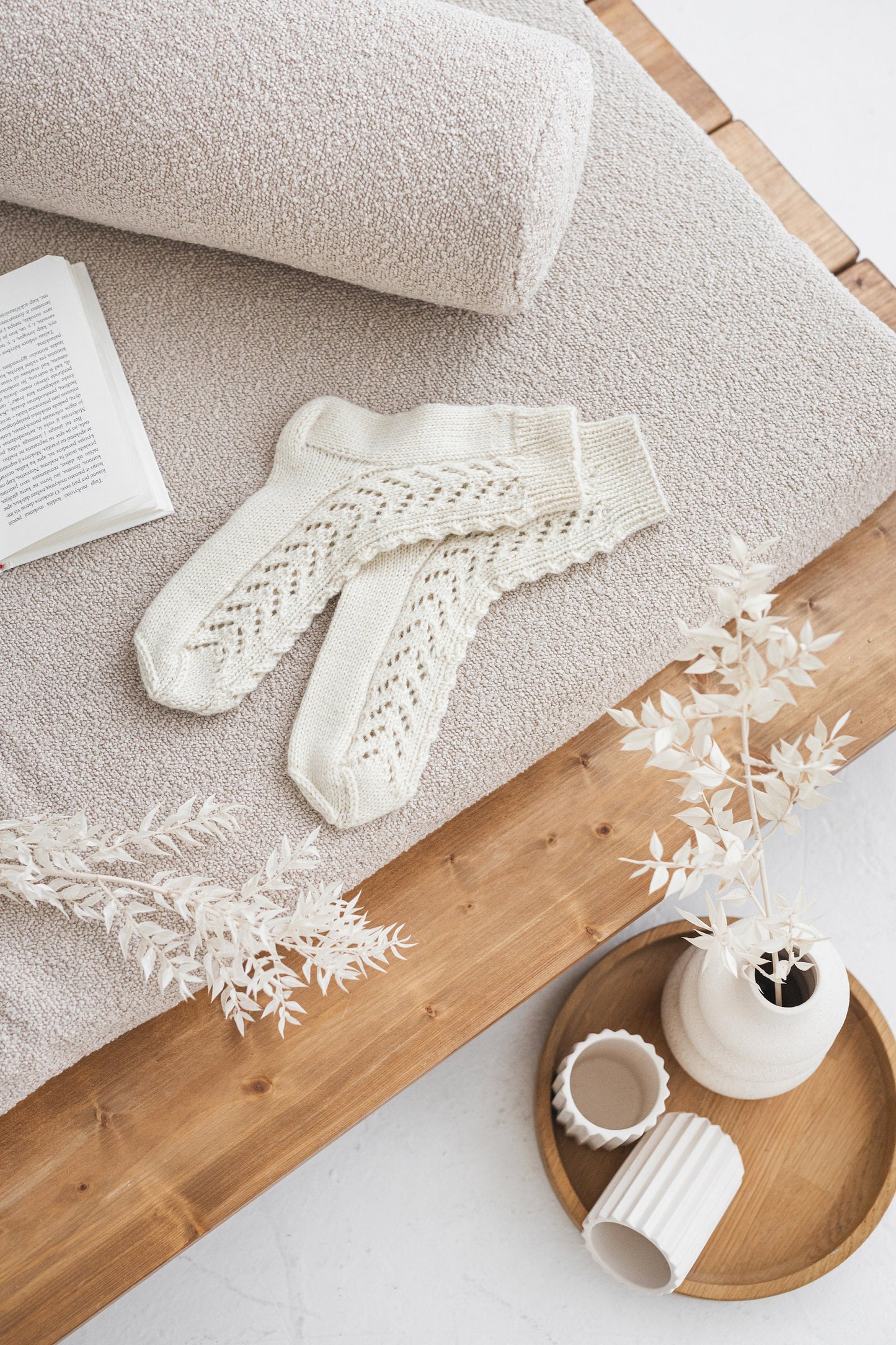 Handmade alpaca and wool socks, women&#39;s cable knit white boots socks with ornaments, knitted woollen socks for woman, gift for mother