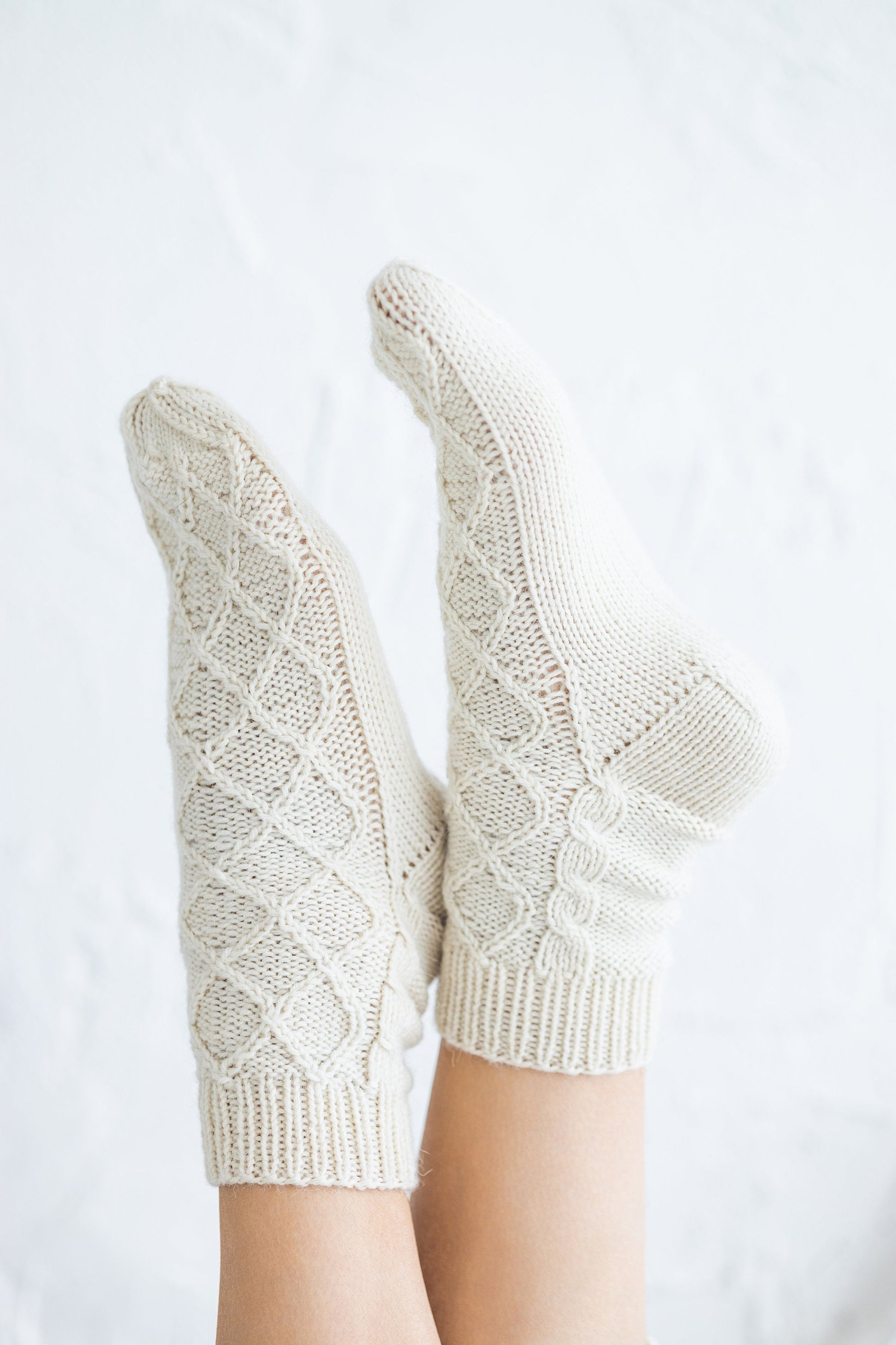 Handmade alpaca and wool socks, women&#39;s cable knit white boots socks with ornaments, knitted woollen socks for woman, gift for mother