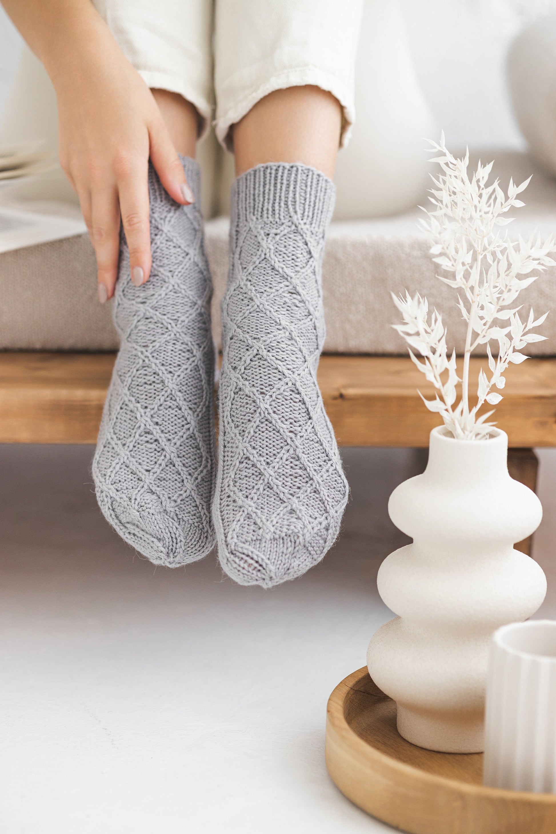 Knitted alpaca wool socks for woman, hand made cable knit gray boots socks with ornaments, handmade woollen socks for women, gift for friend