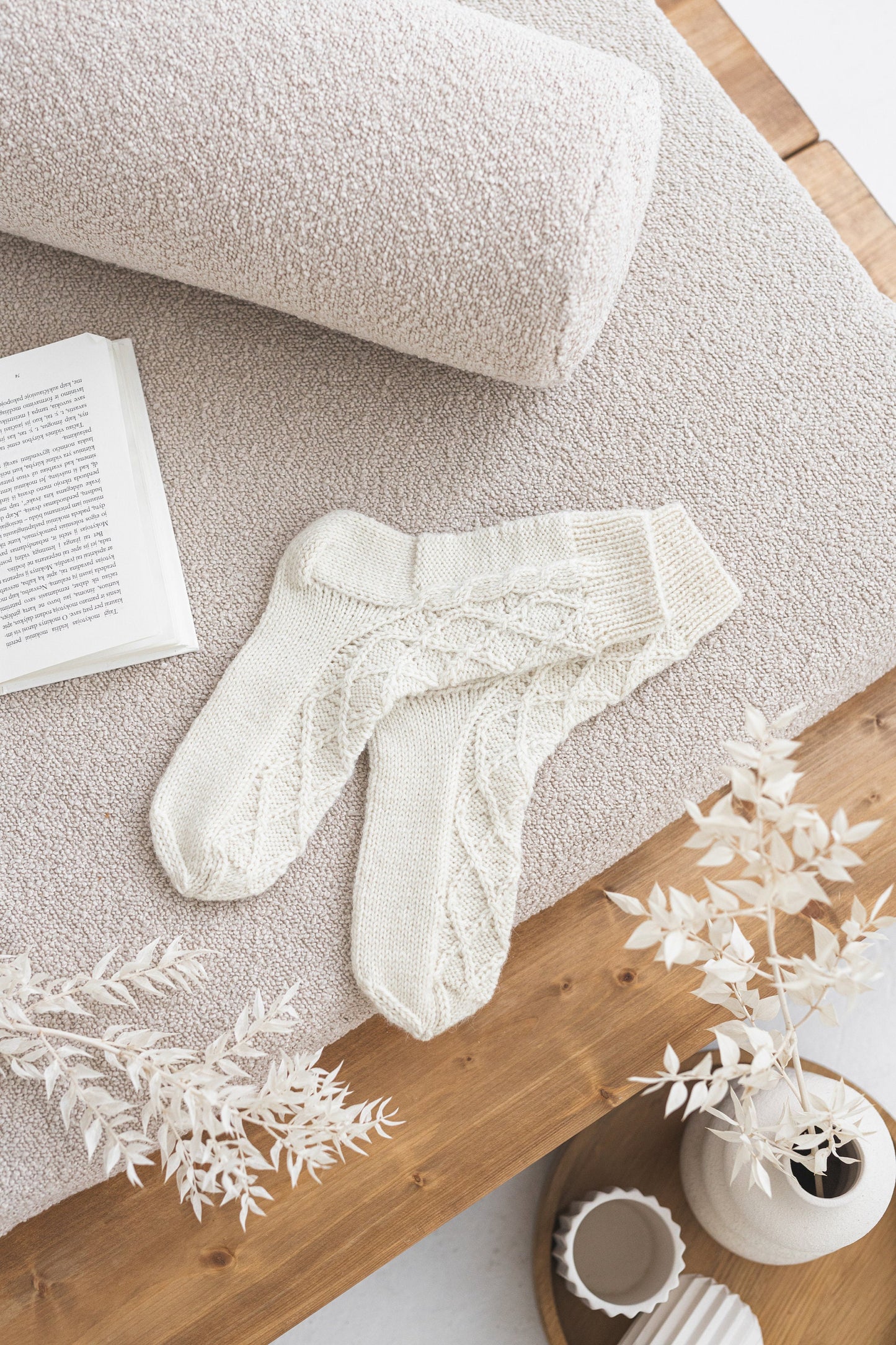 Handmade alpaca and wool socks, women&#39;s cable knit white boots socks with ornaments, knitted woollen socks for woman, gift for mother