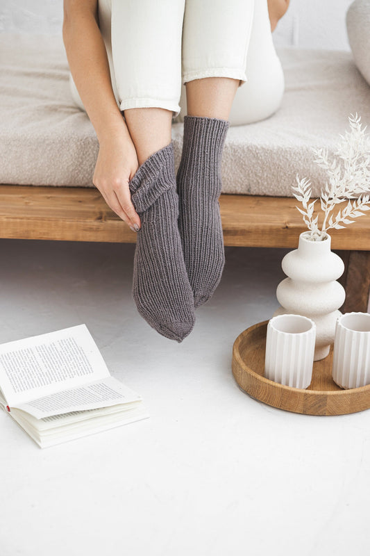 Knitted alpaca wool socks for woman and man, hand made cable knit brown boots socks for men and women, unisex woollen socks, gift for friend