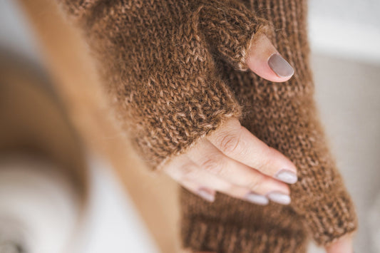 Brown mohair cable knit fingerless mittens, camel taupe women knitted gloves, handmade alpaca wool hand warmers, almond wrist warmer, gift