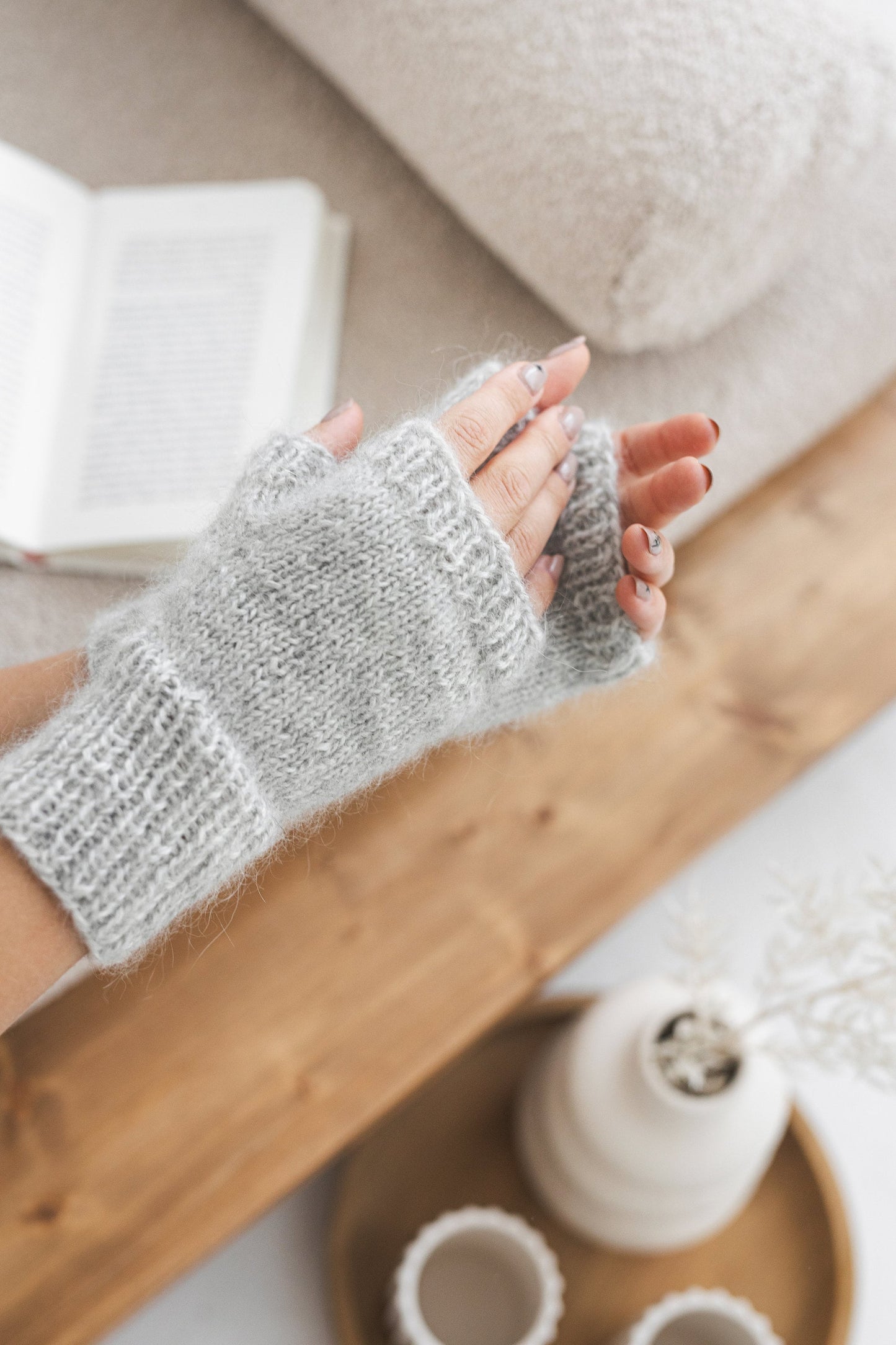 Gray mohair cable knit fingerless mittens, grey women's knitted gloves, handmade alpaca wool hand and wist warmer for woman, gift for friend
