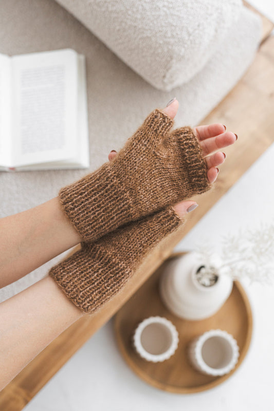 Brown mohair cable knit fingerless mittens, camel taupe women knitted gloves, handmade alpaca wool hand warmers, almond wrist warmer, gift