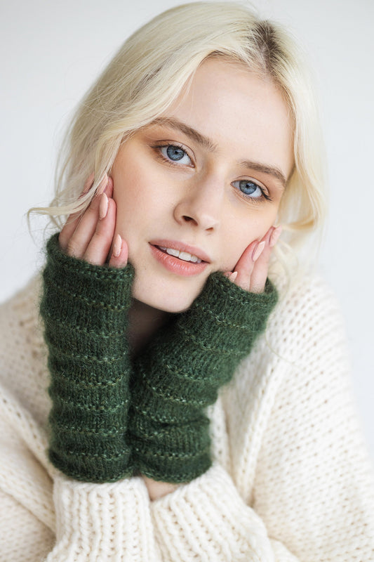 Green mohair cable knit fingerless mittens, fluffy women&#39;s knitted gloves, handmade alpaca wool hand and wist warmer for woman, gift