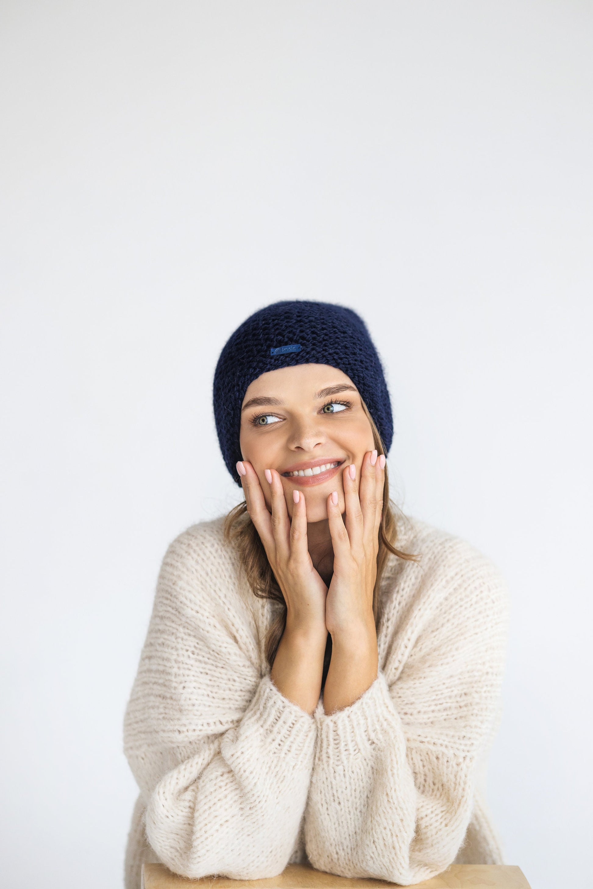 Navy blue cable knit alpaca wool slouchy beanie, women&#39;s handmade super chunky knitted winter hat, handcrafted cap for woman, gift for women