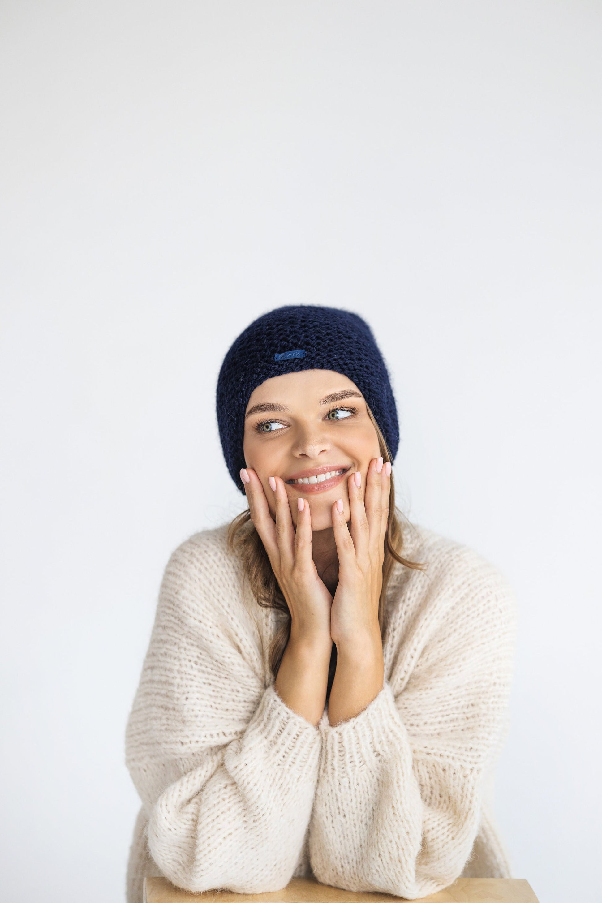 Navy blue cable knit alpaca wool slouchy beanie, women&#39;s handmade super chunky knitted winter hat, handcrafted cap for woman, gift for women