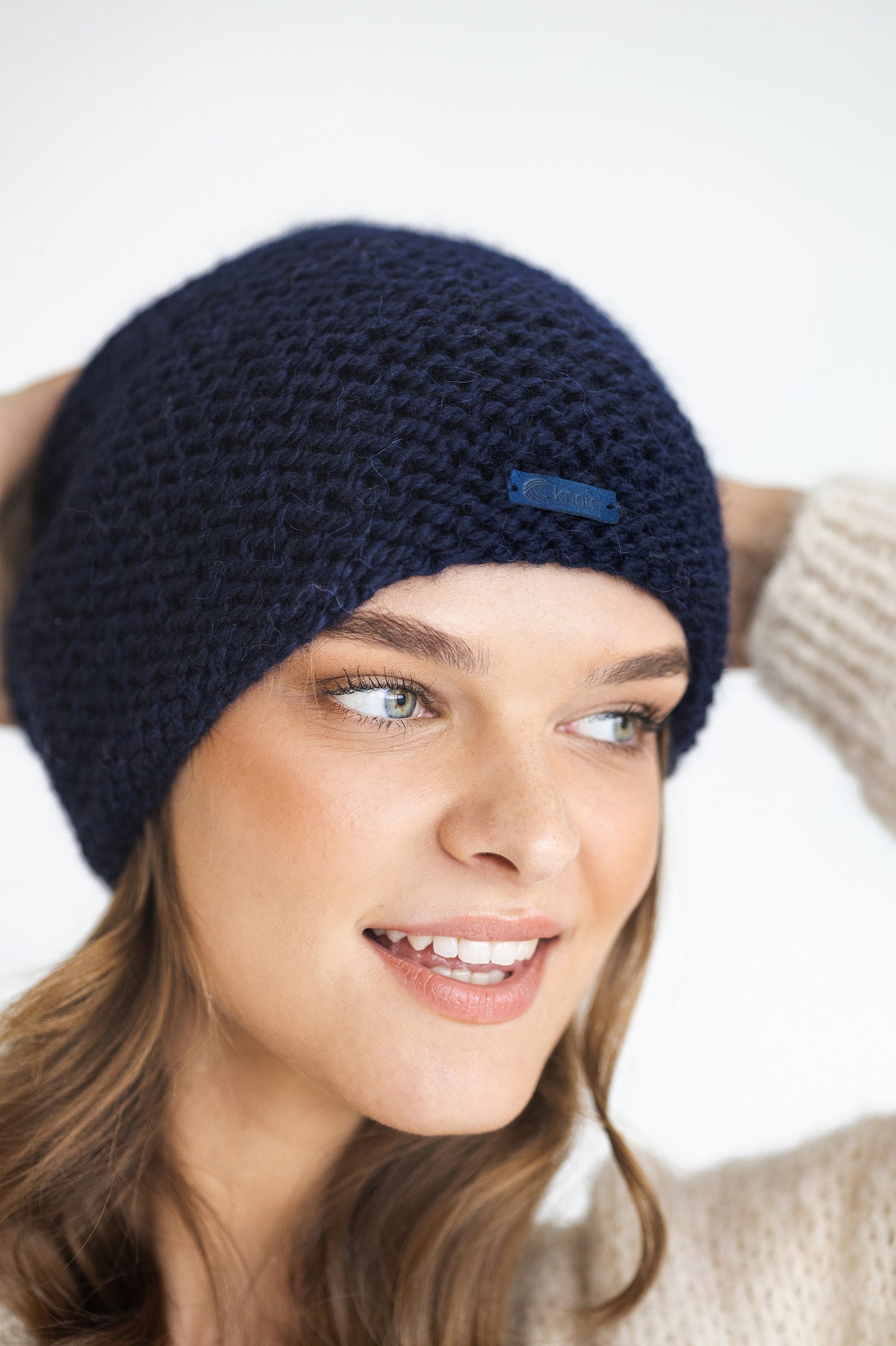 Navy blue cable knit alpaca wool slouchy beanie, women&#39;s handmade super chunky knitted winter hat, handcrafted cap for woman, gift for women