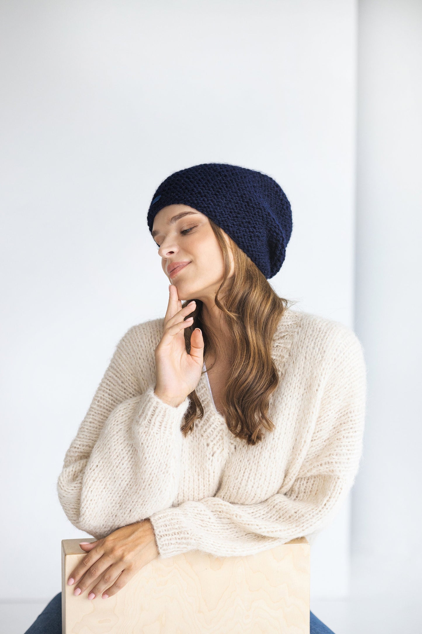 Navy blue cable knit alpaca wool slouchy beanie, women&#39;s handmade super chunky knitted winter hat, handcrafted cap for woman, gift for women