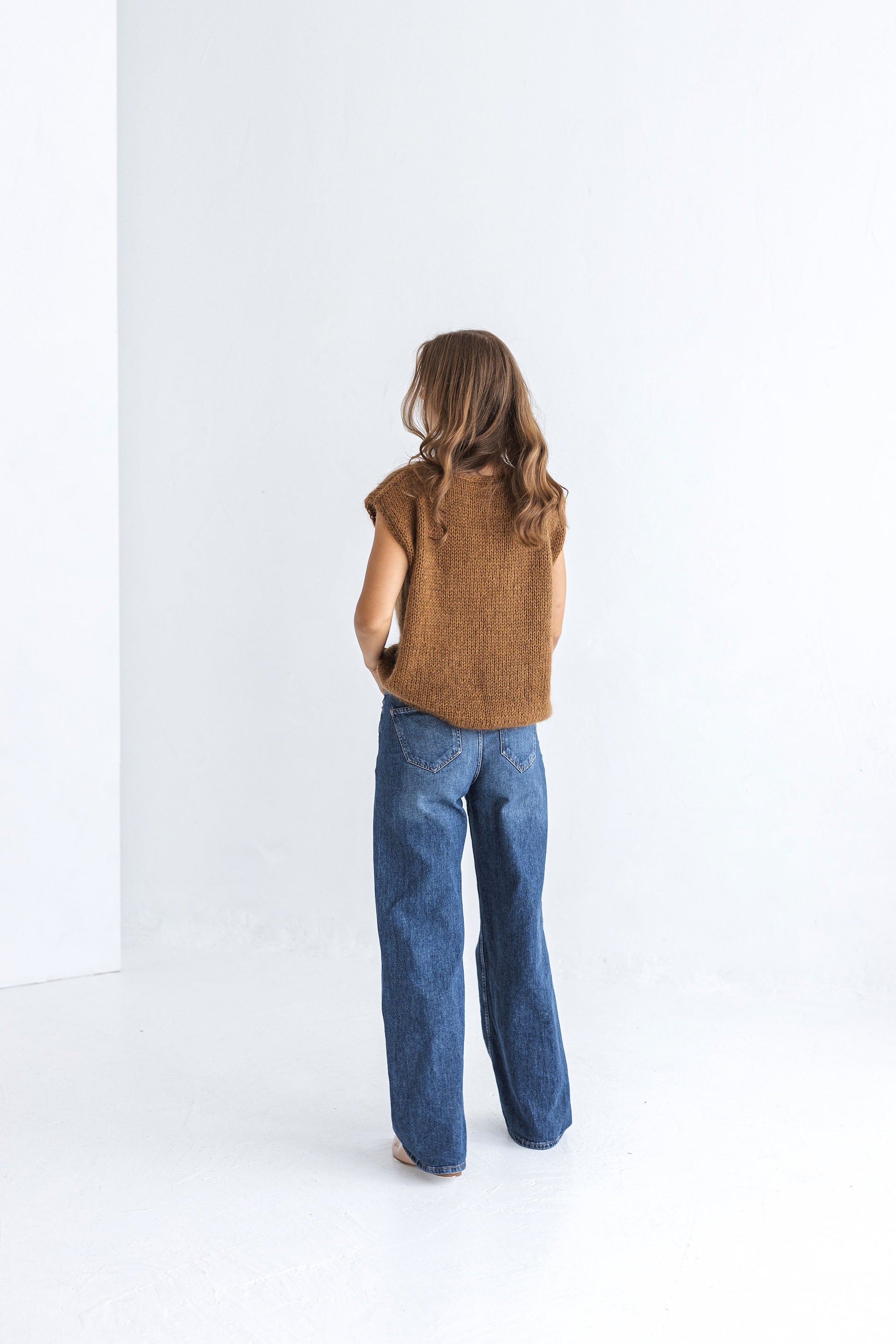 Brown Mohair Cable Knit Sweater Vest, Chunky Knitted Tank Top, French Beige Handcrafted Gilet For Women, Camel Taupe Boat Neck Winter Vest